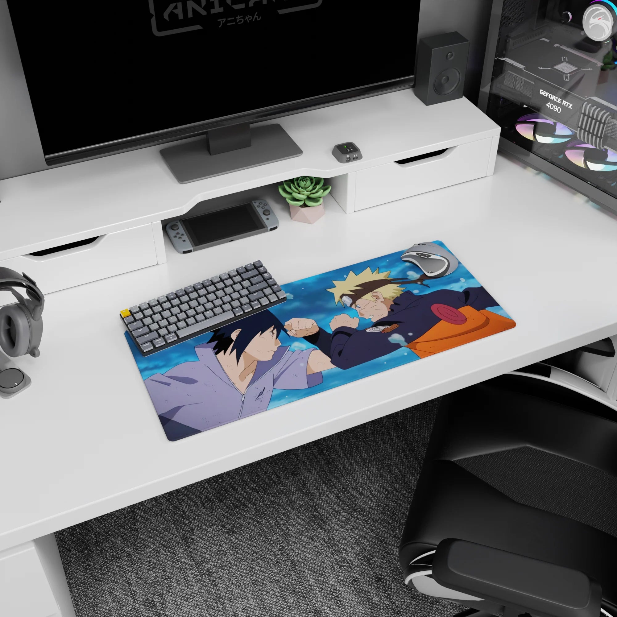 28x12 inches Naruto Shippuden mouse pad showing Naruto Uzumaki and Sasuke Uchiha in a showdown.