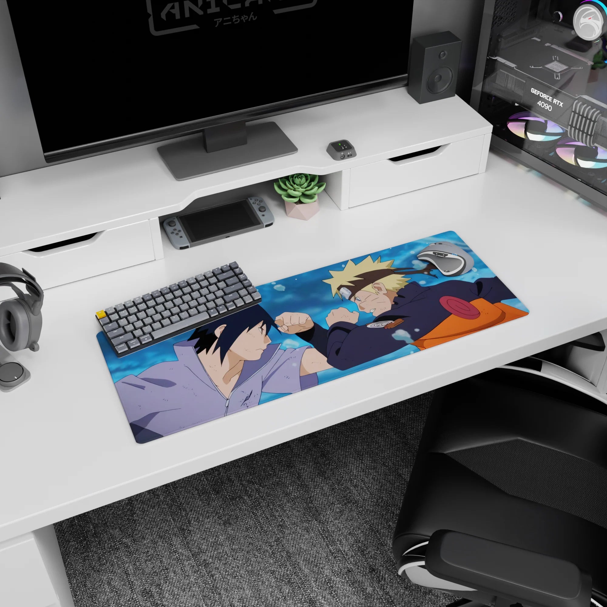 32x12 inches Naruto Shippuden mouse pad showing Naruto Uzumaki and Sasuke Uchiha locked in battle.