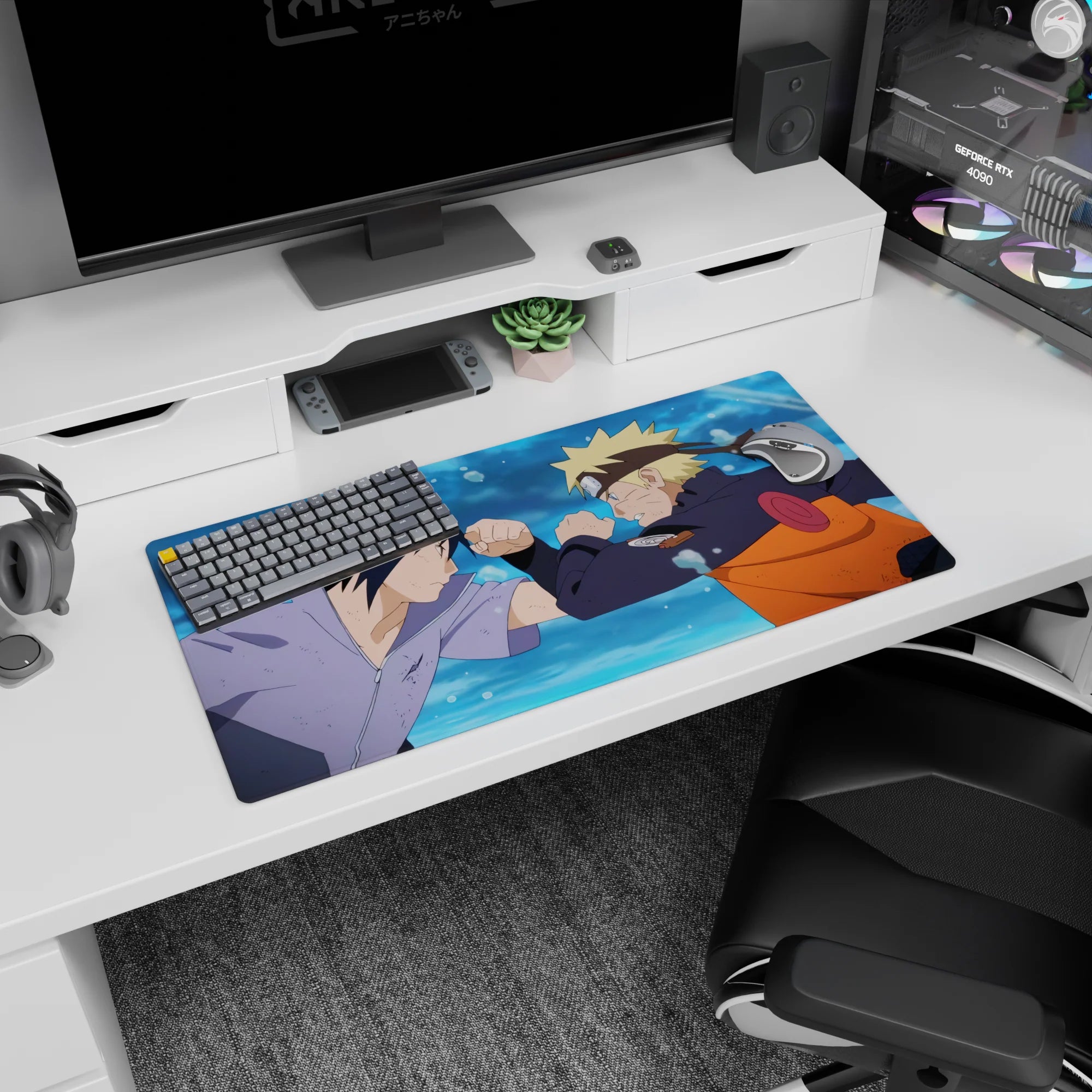 32x16 inches Naruto Shippuden mouse pad featuring Naruto Uzumaki and Sasuke Uchiha mid-showdown.