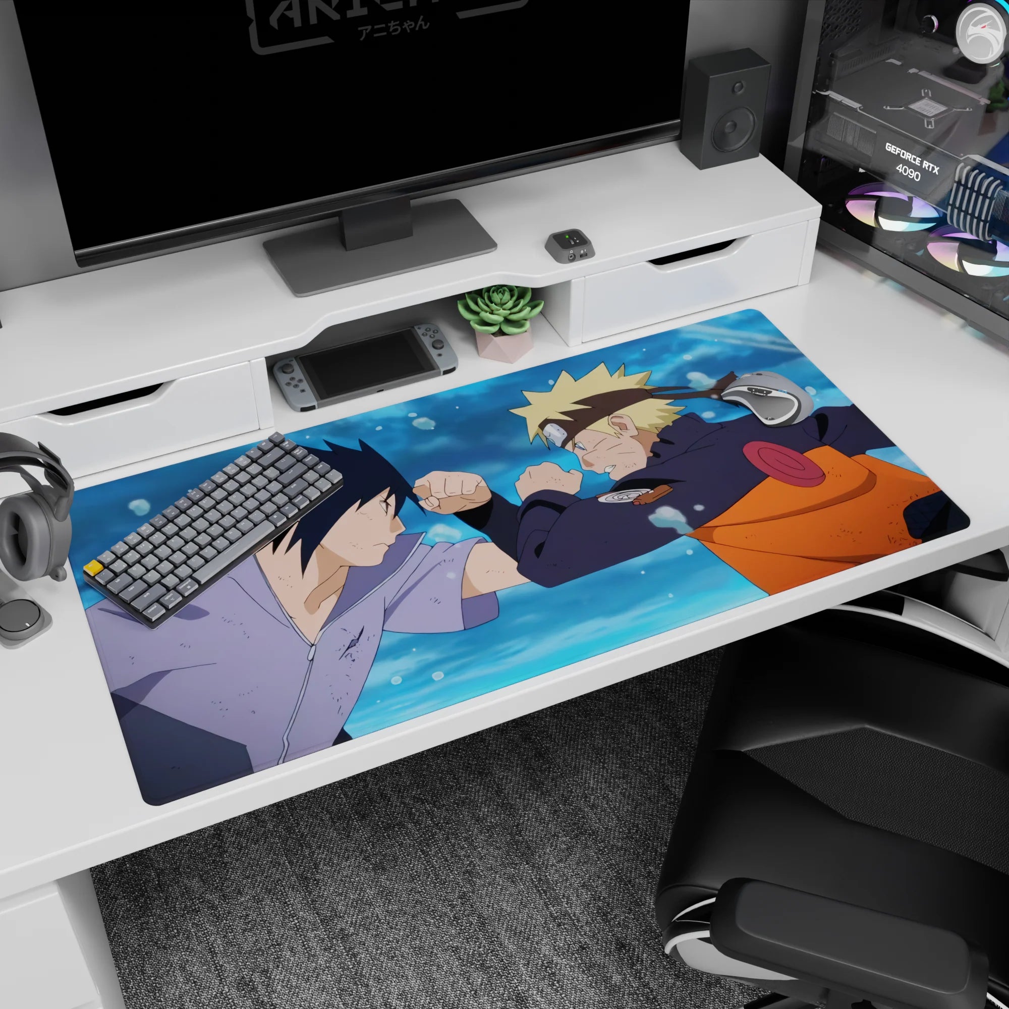 Naruto Uzumaki vs Sasuke Uchiha clash desk pad 40x20 inches, dramatic face-off scene on smooth surface.