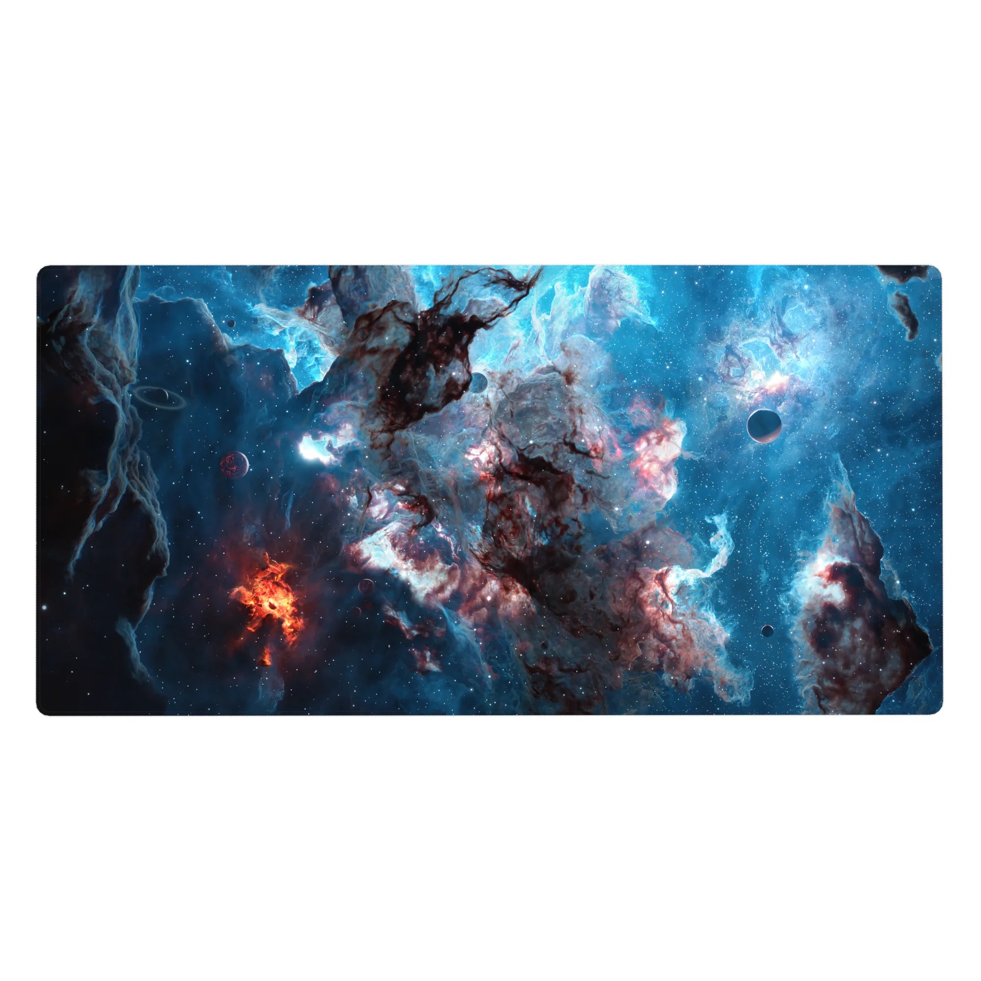 Cosmic nebula desk pad with hidden tiny planets, 40x20 inches.