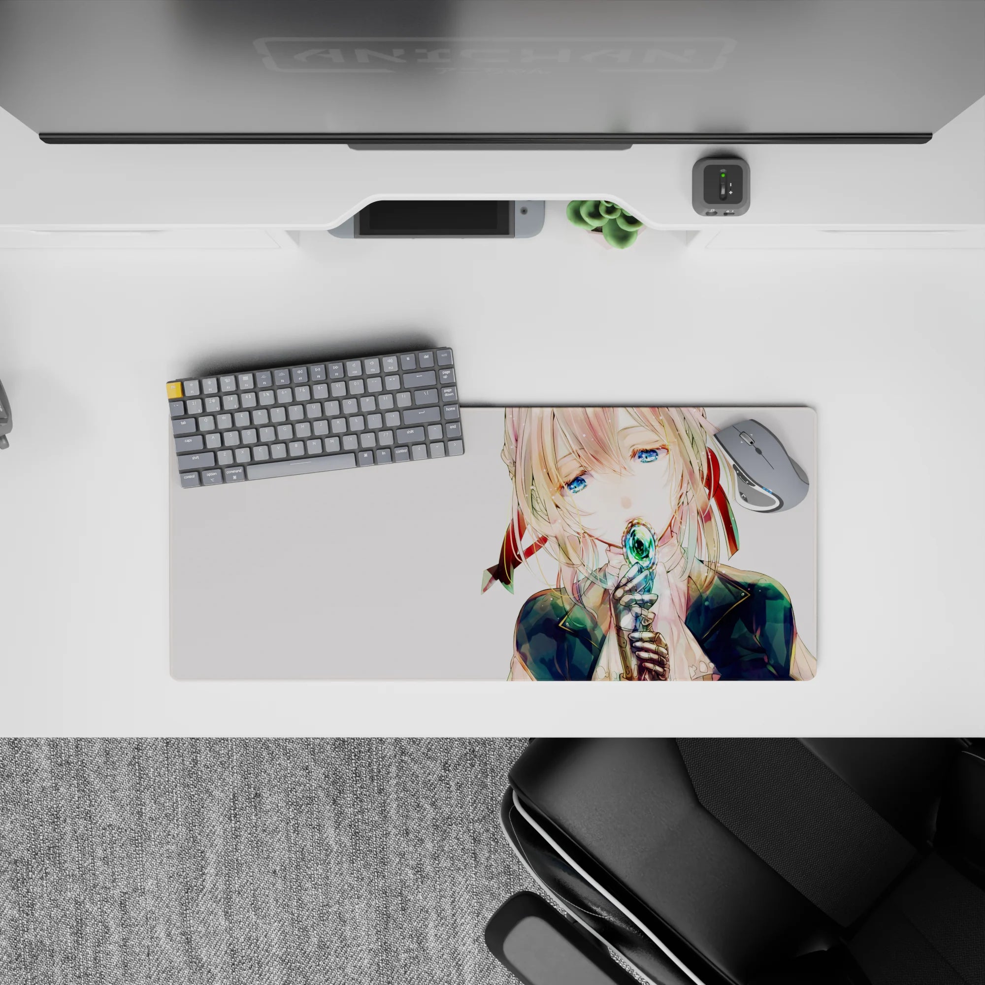 28x12 inches anime girl mouse pad in gentle fantasy tones, blush hair, ribbon reds, and crisp negative space.