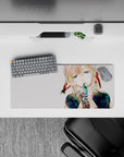 28x12 inches anime girl mouse pad in gentle fantasy tones, blush hair, ribbon reds, and crisp negative space.