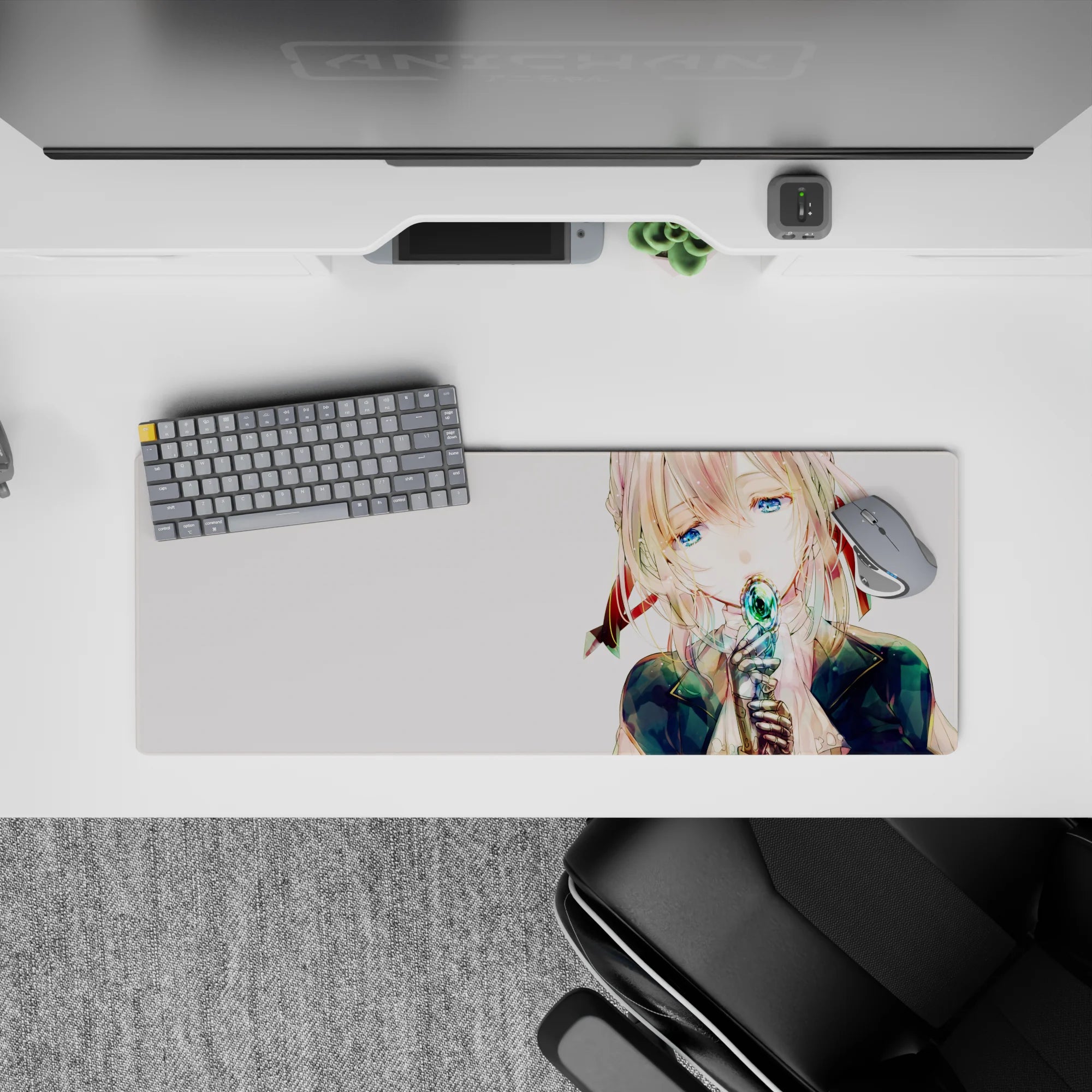 Calm fantasy anime girl mouse pad 32x12 inches in ribbon reds, inky navy, crisp highlights and negative space.