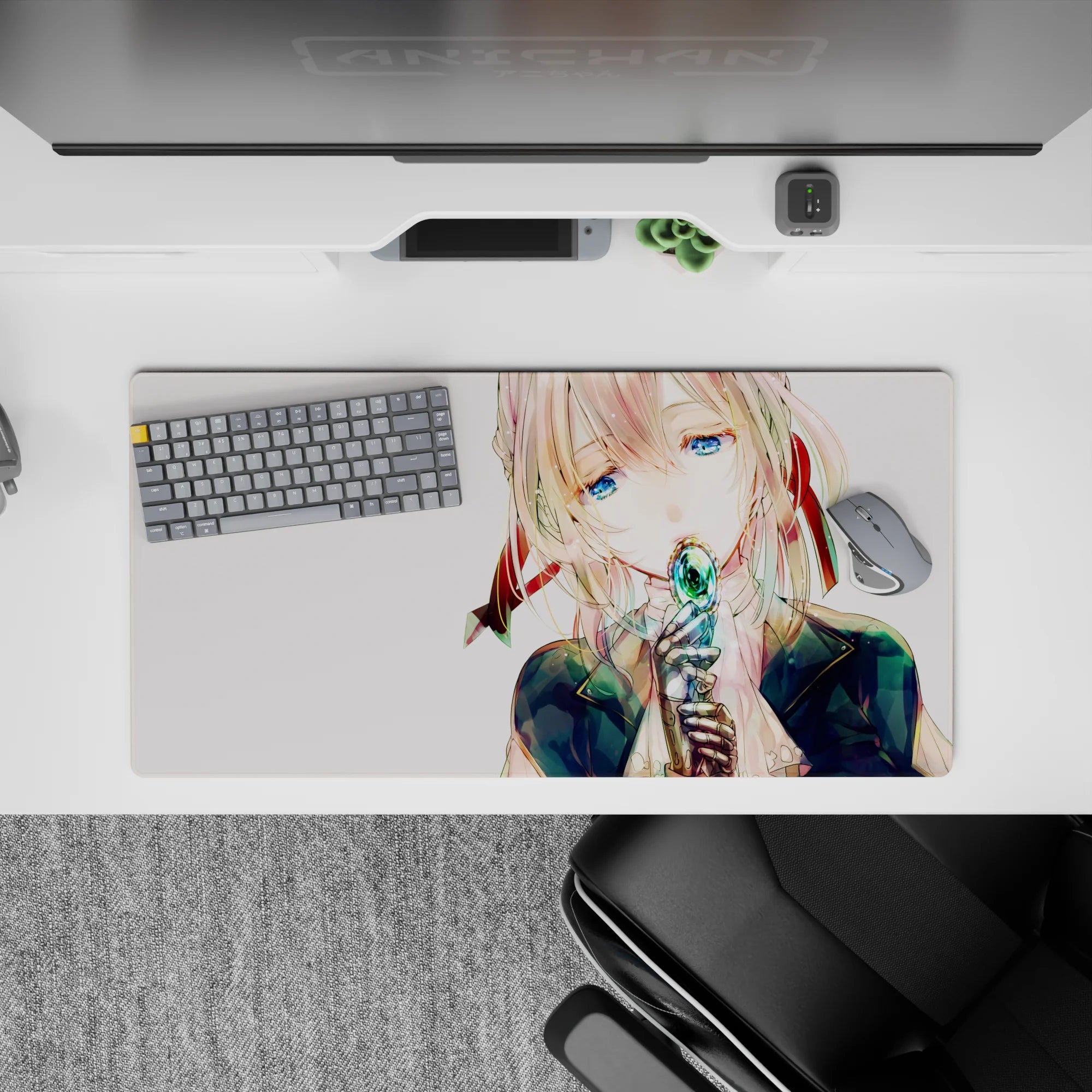 Cute fantasy anime girl mouse pad 32x16 inches in watery blues, ribbon reds, and inky navy.