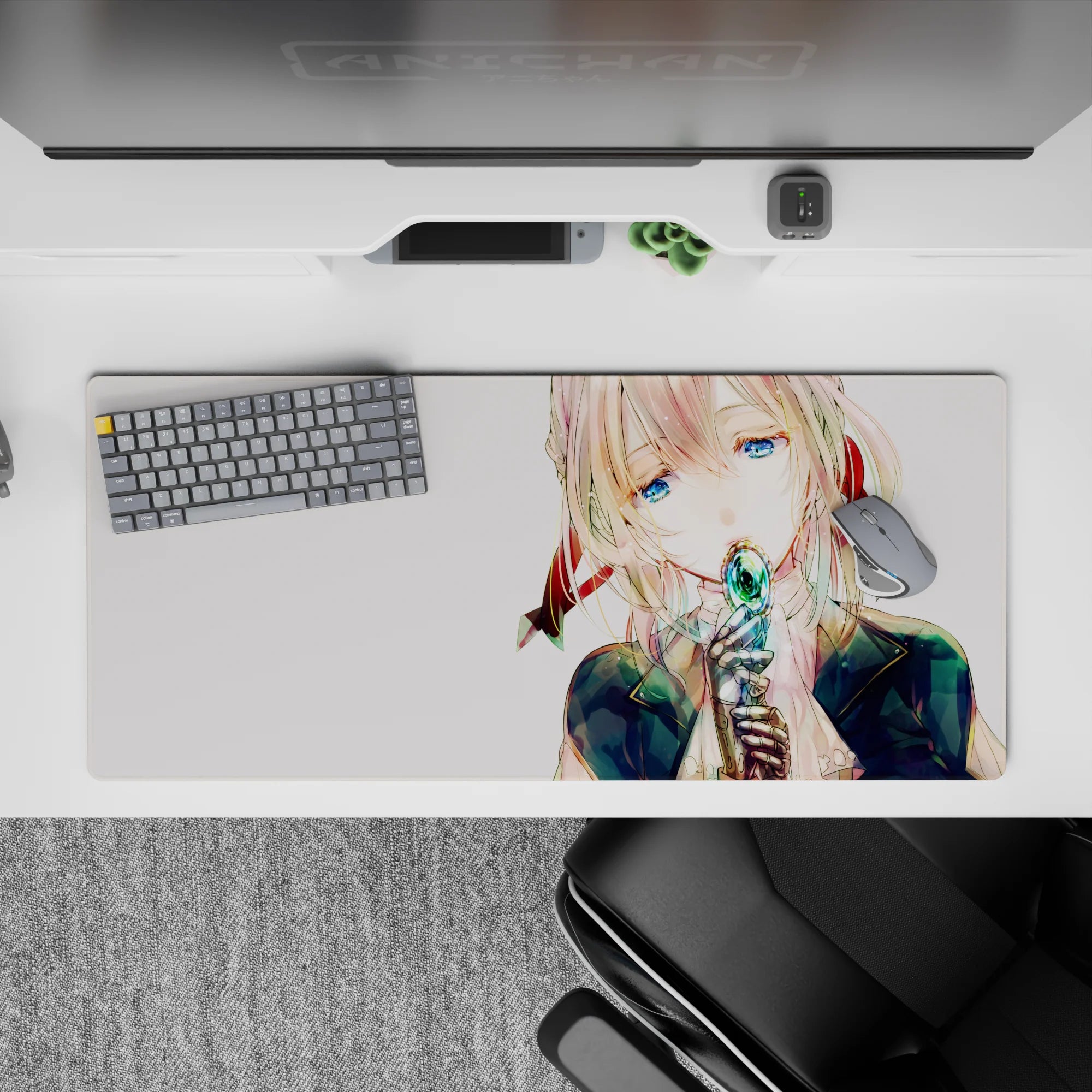 Cozy 36x16 inches anime desk pad in blush, watery blue, teal sparkle, and inky navy tones.