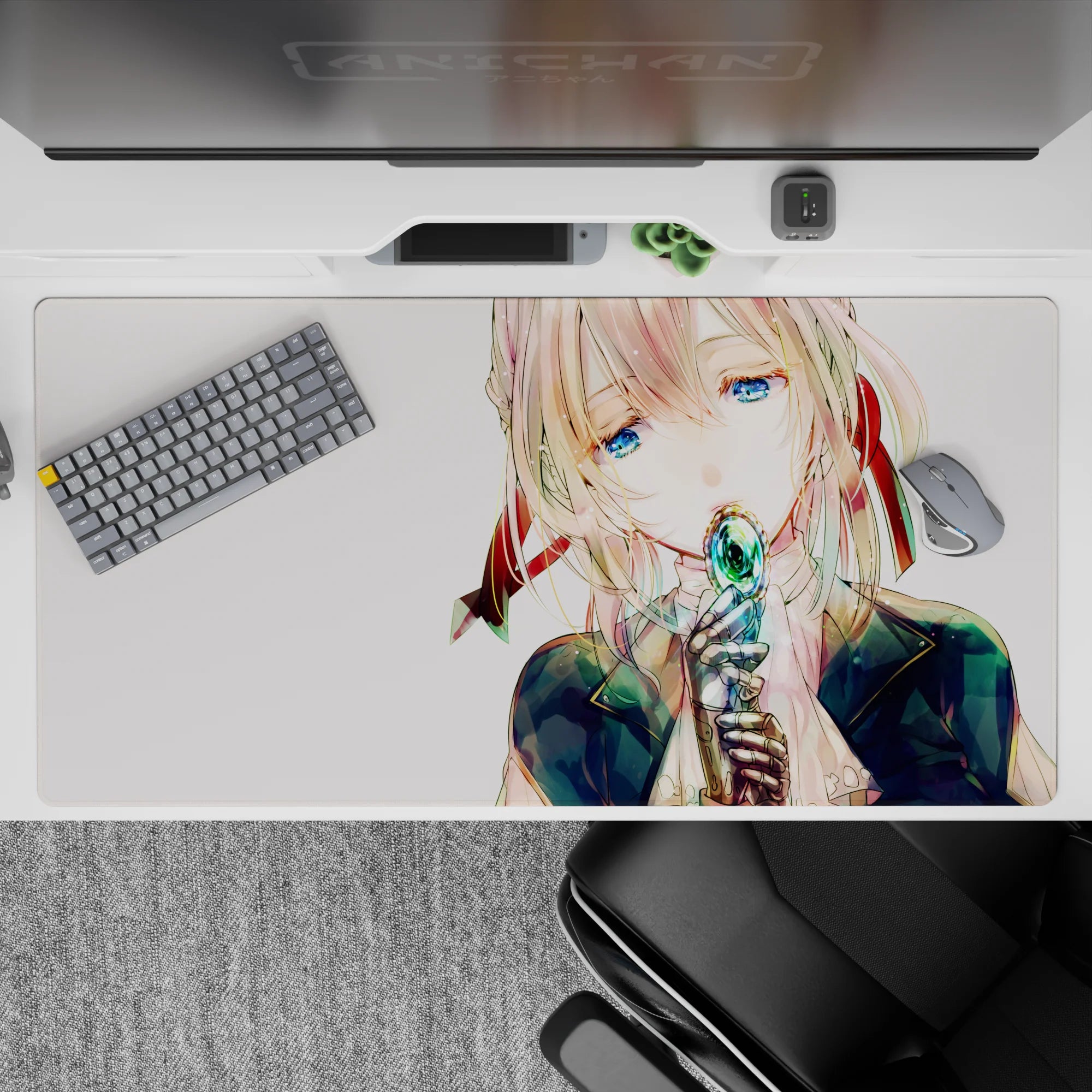 Calm, cozy anime girl mouse pad 40x20 inches in blush, watery blue, teal, navy, and ribbon red tones.