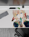 Calm, cozy anime girl mouse pad 40x20 inches in blush, watery blue, teal, navy, and ribbon red tones.