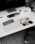 Close-up anime girl mouse pad 32x12 inches showing watery blue eyes and teal jewel pressed to her lips.
