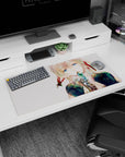 Anime girl desk mat 32x16 inches showing a calm blue-eyed girl holding a teal jewel to her lips.