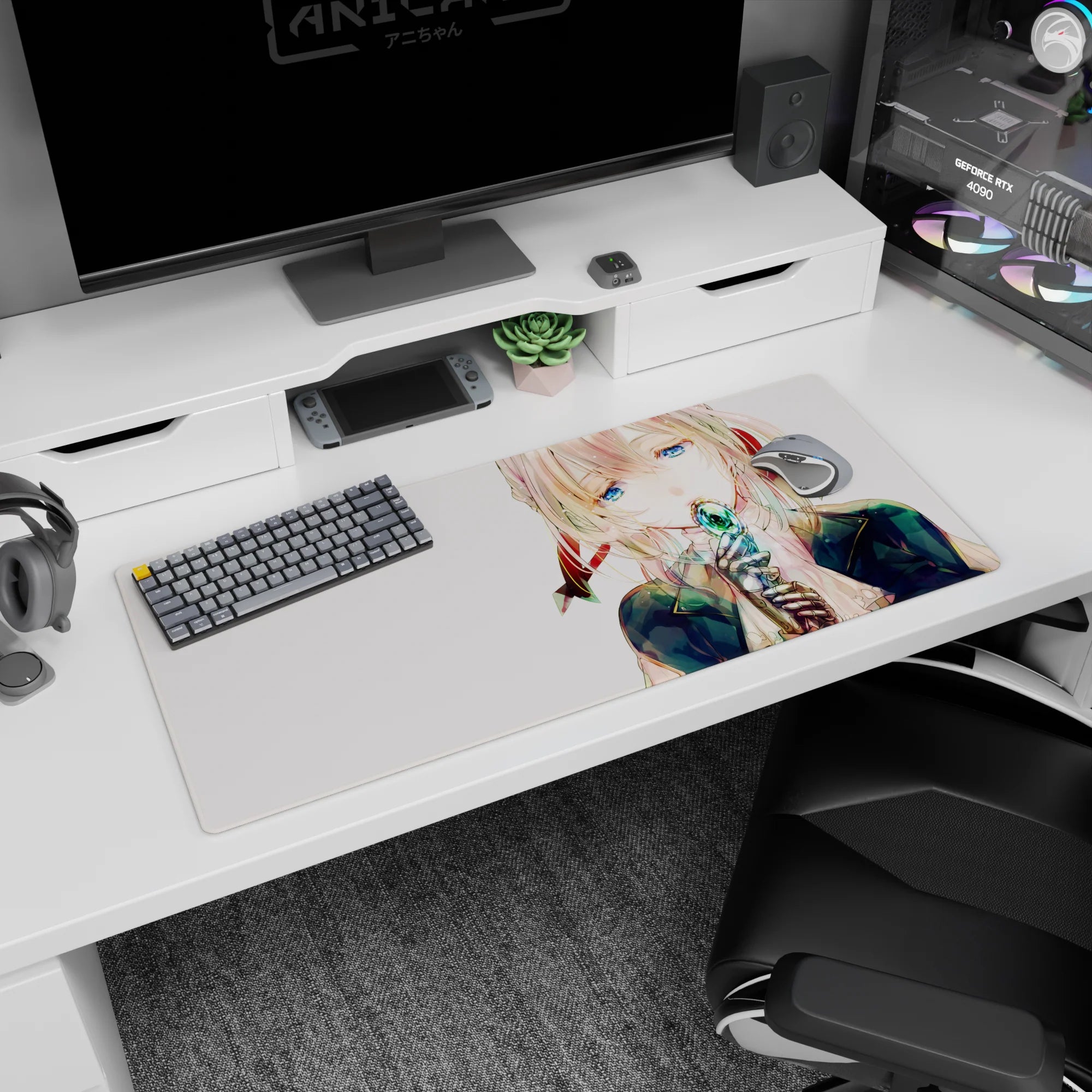 36x16 inches anime girl desk pad showing soft-haired girl holding a teal gem to her lips, calm gaze.