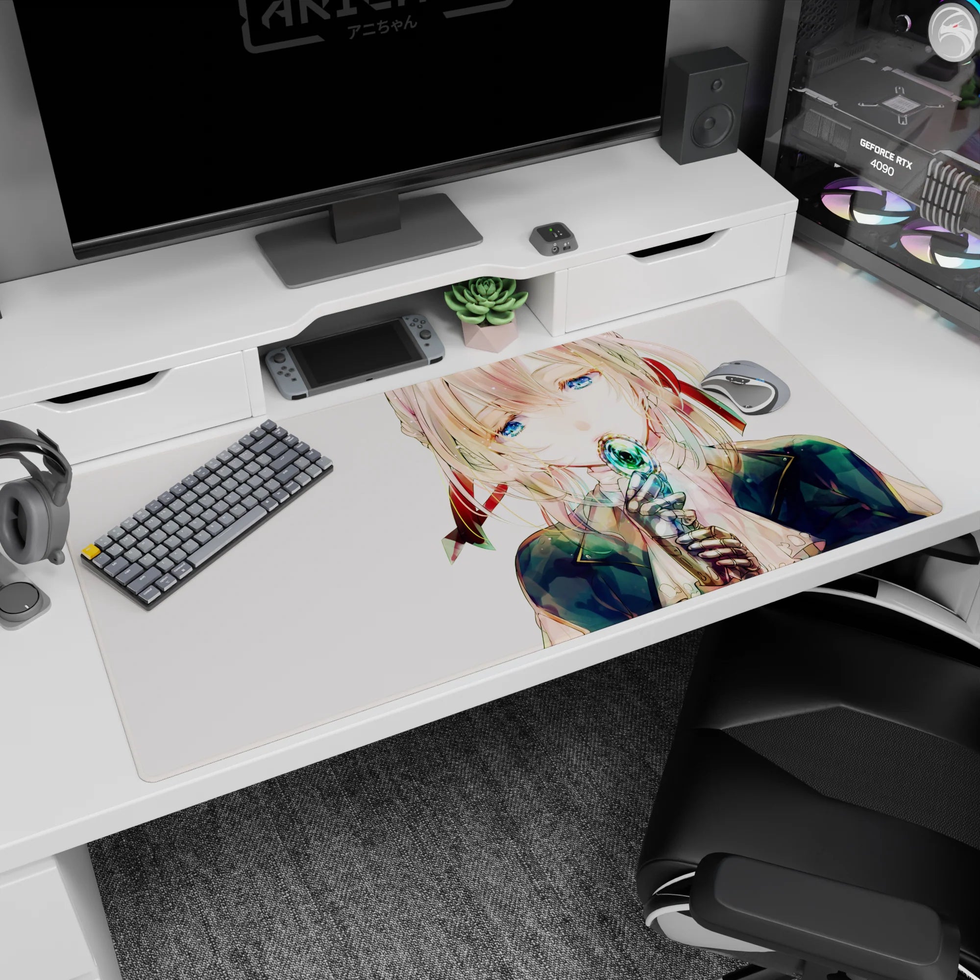 Anime girl with watery blue eyes holding a teal jewel to her lips on a 40x20 inches desk pad.