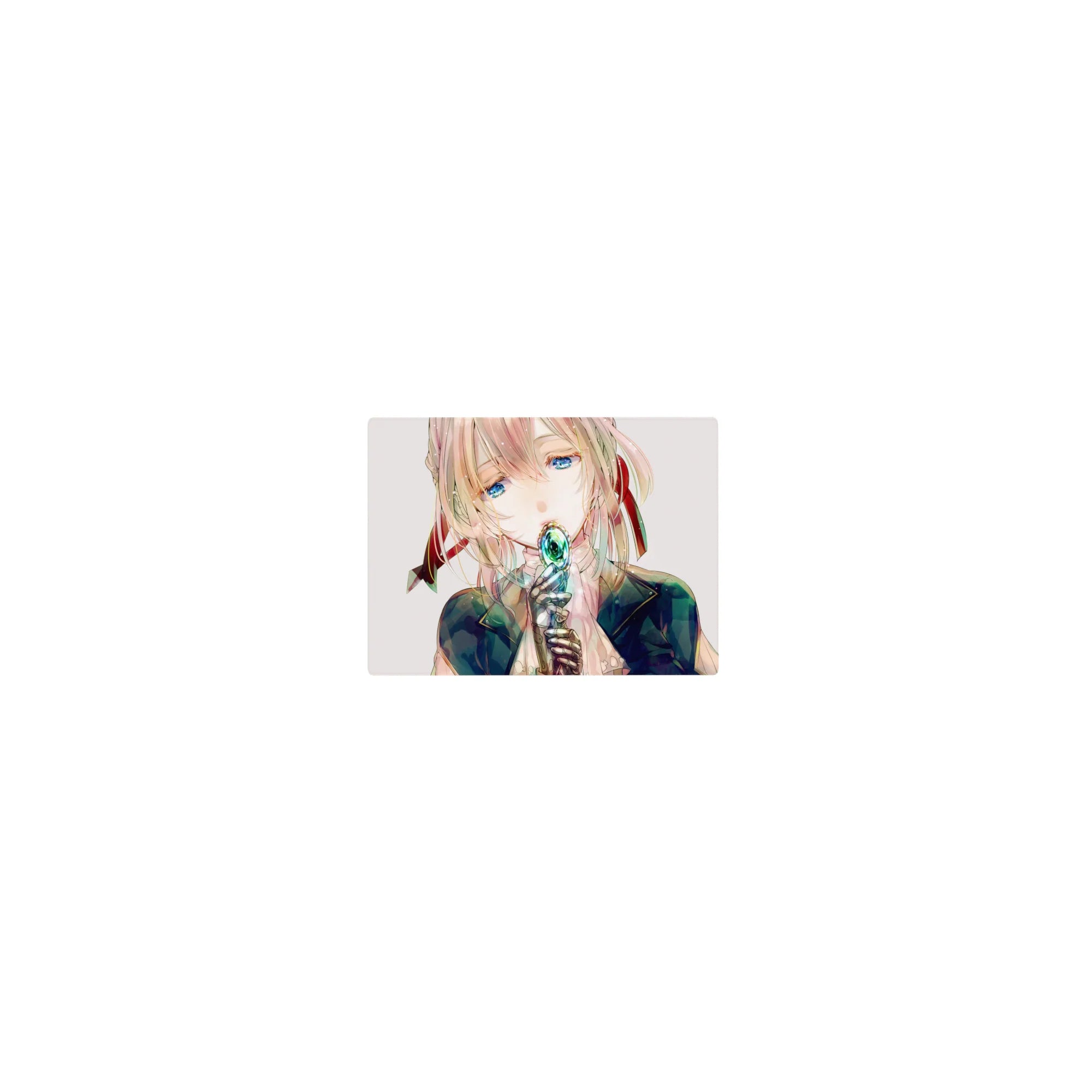Classic anime girl mouse pad 14x10 inches with watery blue eyes, blush hair, teal jewel, clean space.