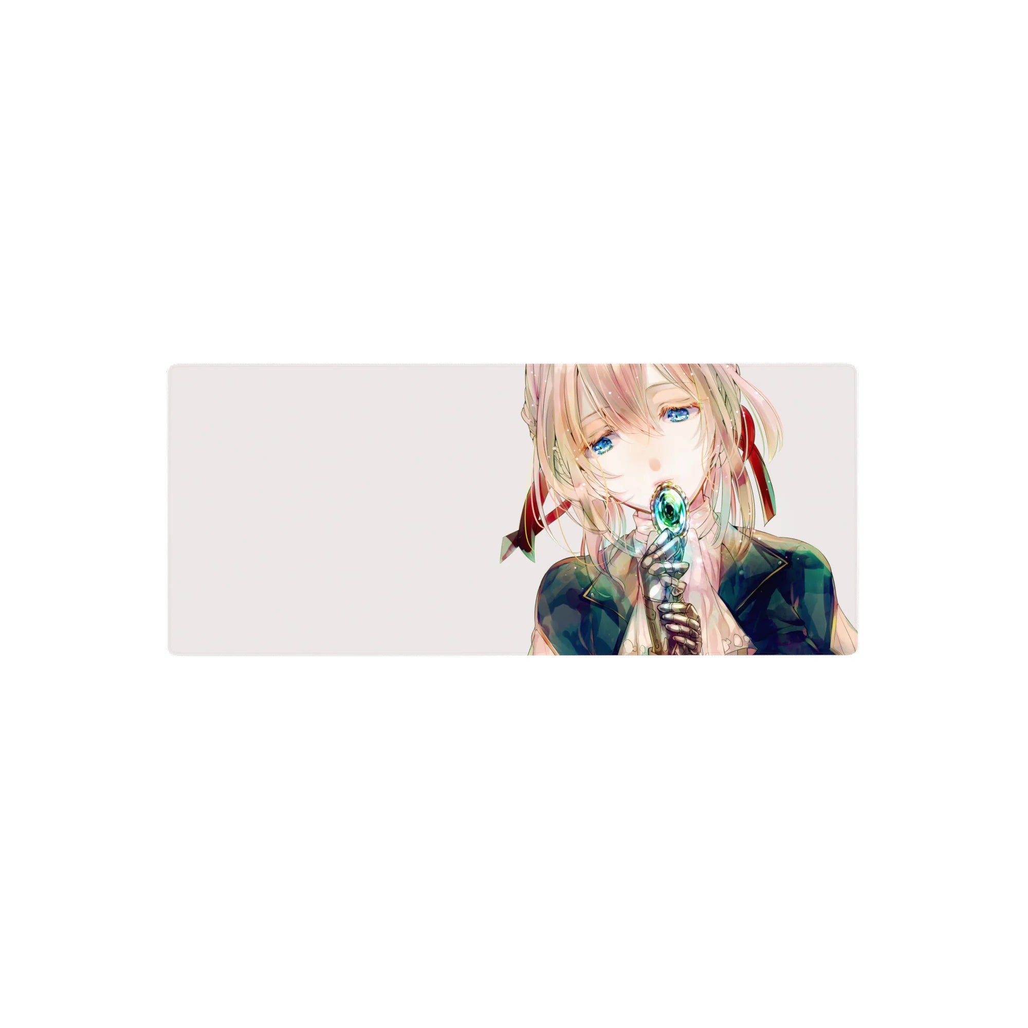28x12 inches anime girl mouse pad with teal jewel at lips, watery blue eyes, and navy outfit line art.