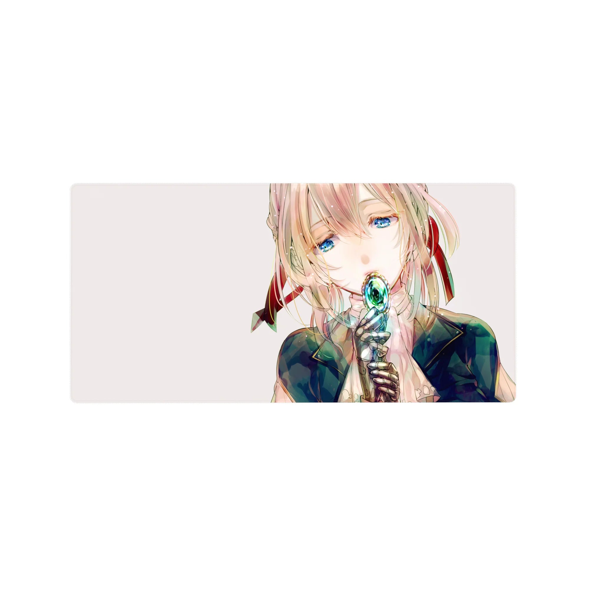 Anime girl mouse pad 32x16 inches with soft blush hair, blue eyes, teal jewel lips, navy outfit.