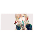 Anime girl mouse pad 32x16 inches with soft blush hair, blue eyes, teal jewel lips, navy outfit.