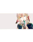 Anime girl desk pad 36x16 inches with blue-eyed fantasy portrait, teal jewel lips, navy ribbons.
