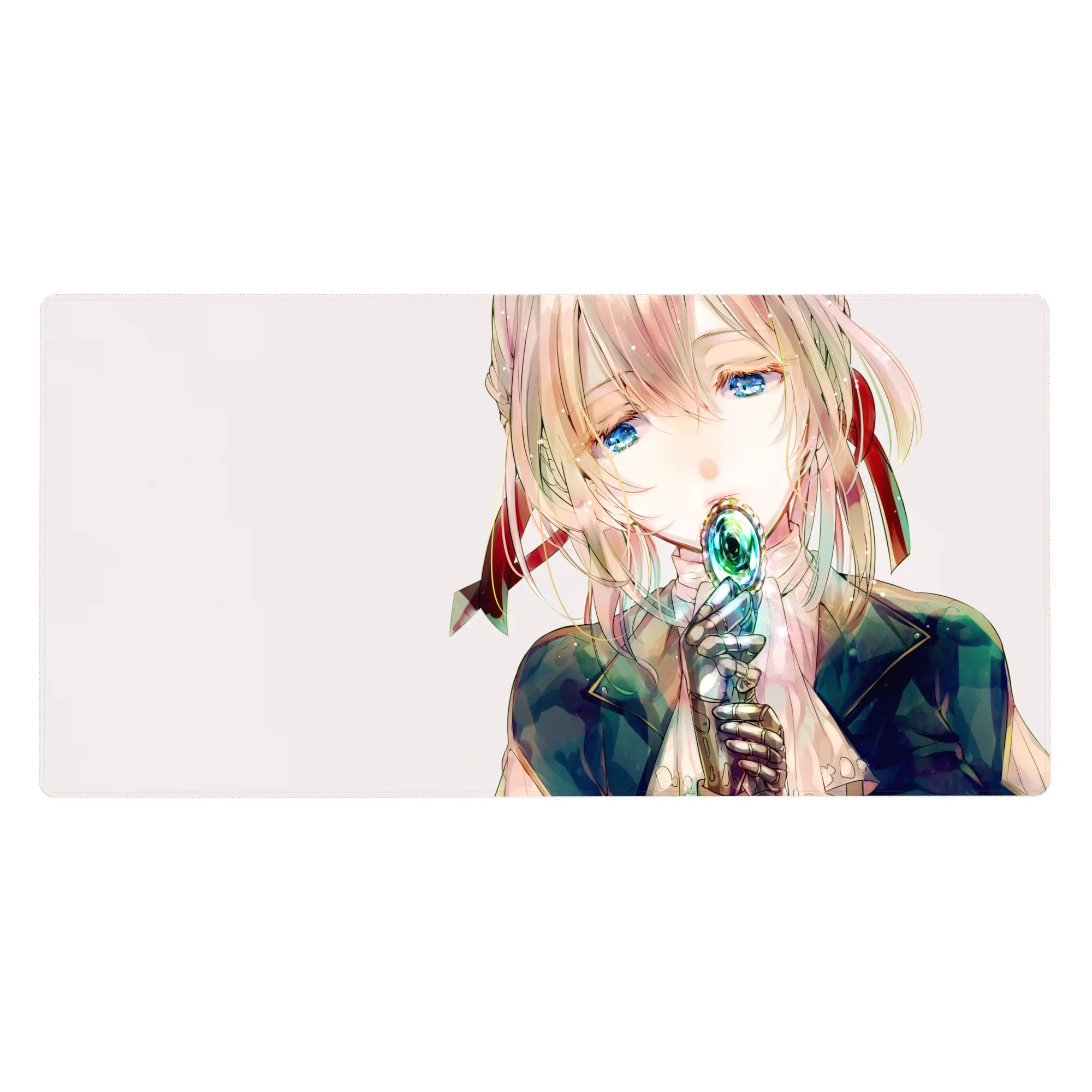Gentle fantasy anime girl desk pad 40x20 inches with teal jewel, ribbon accents, and crisp highlights.