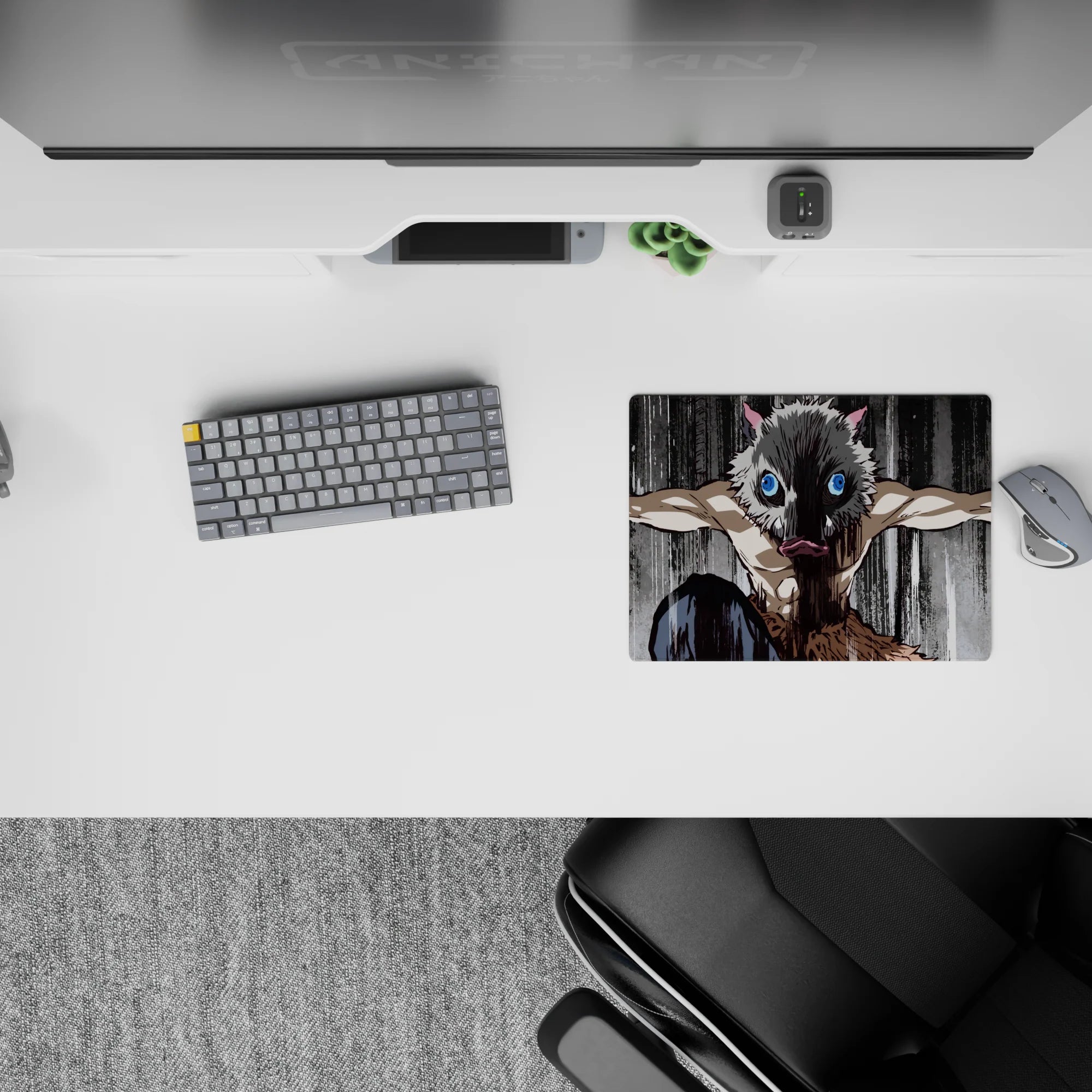 Anime mouse pad 14x10 inches featuring Inosuke from Demon Slayer with boar mask and primal stance on a gritty background.