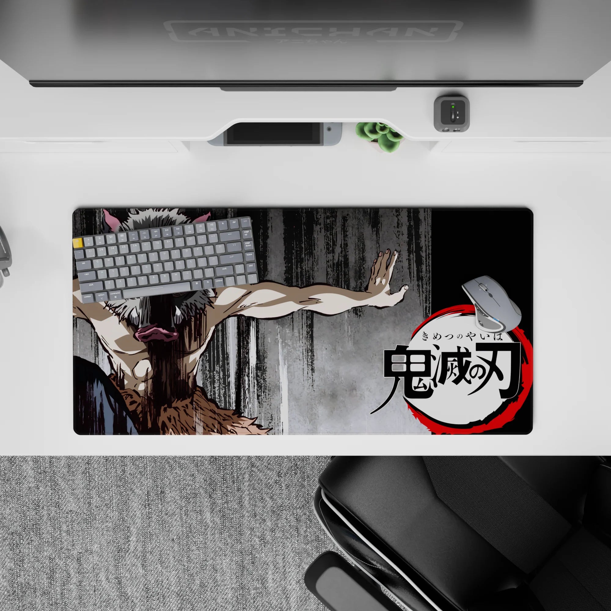 Inosuke Demon Slayer anime mouse pad, 32x16 inches, featuring boar mask and primal stance on gritty charcoal background.