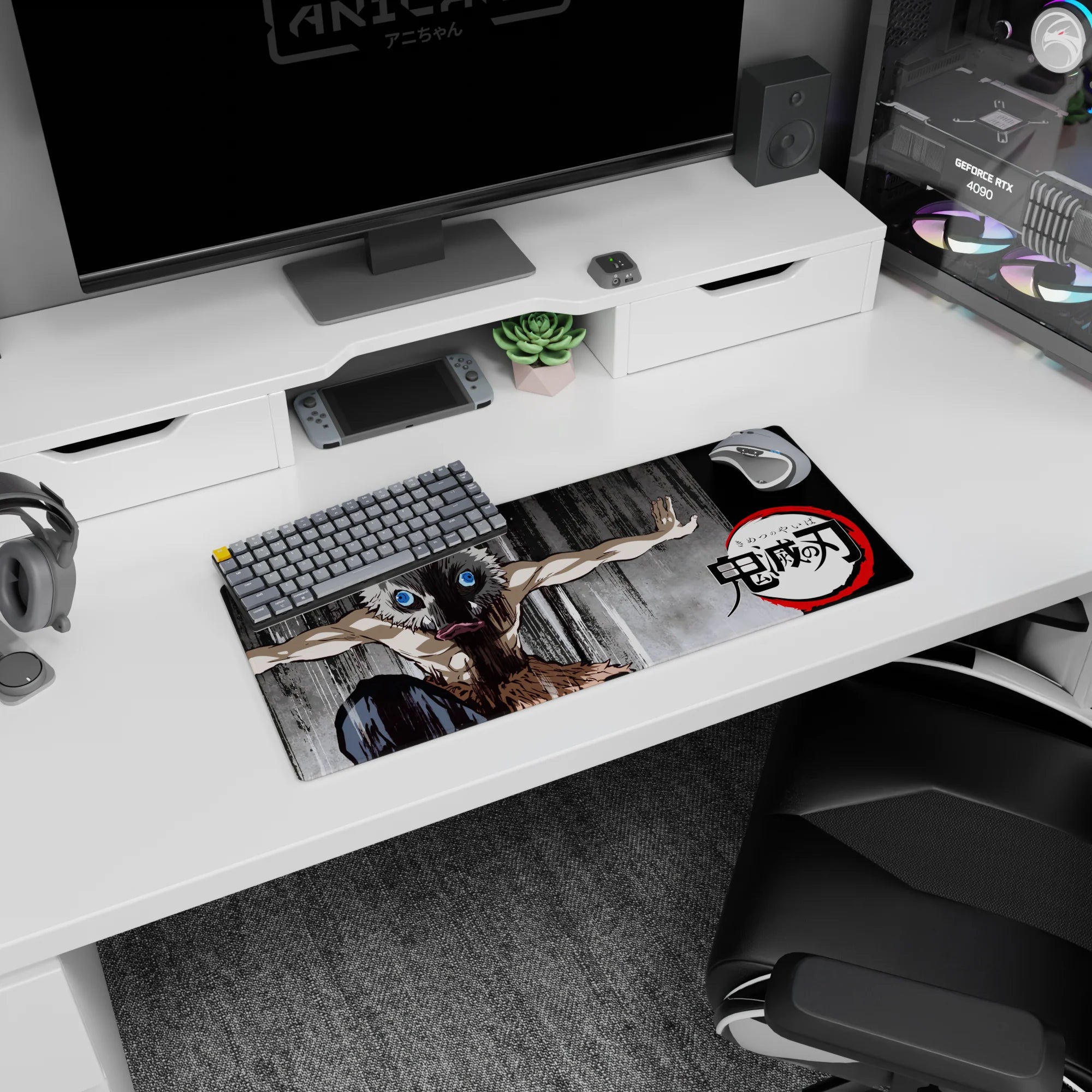 Anime mouse pad 28x12 inches featuring Inosuke from Demon Slayer, with boar mask and primal stance on charcoal background.