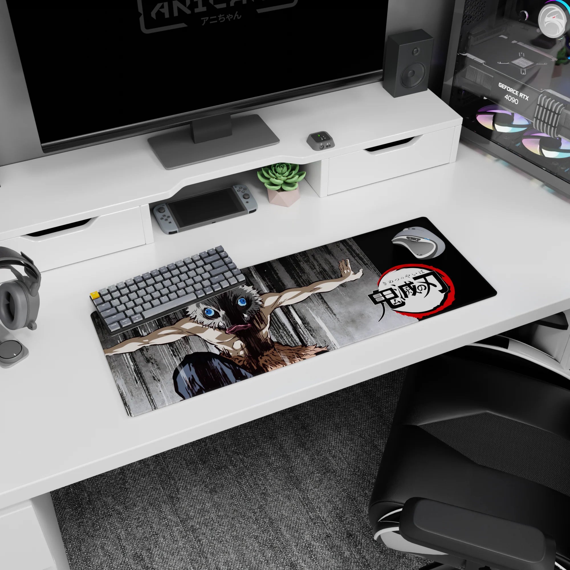 Anime mouse pad 32x12 inches featuring Inosuke from Demon Slayer, showcasing his iconic boar mask against a gritty background.