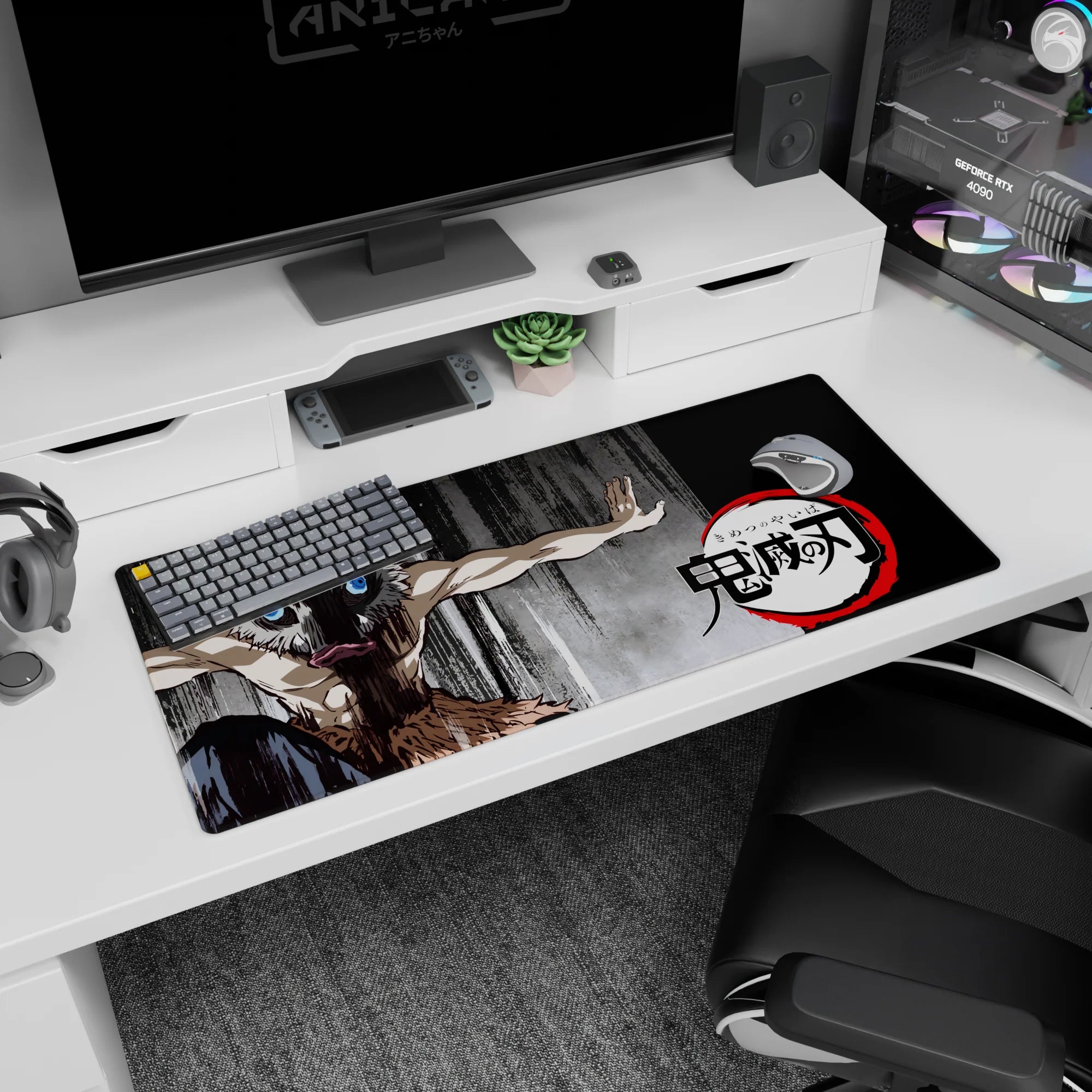 Anime desk pad 36x16 inches featuring Inosuke from Demon Slayer with boar mask on a gritty, charcoal background.