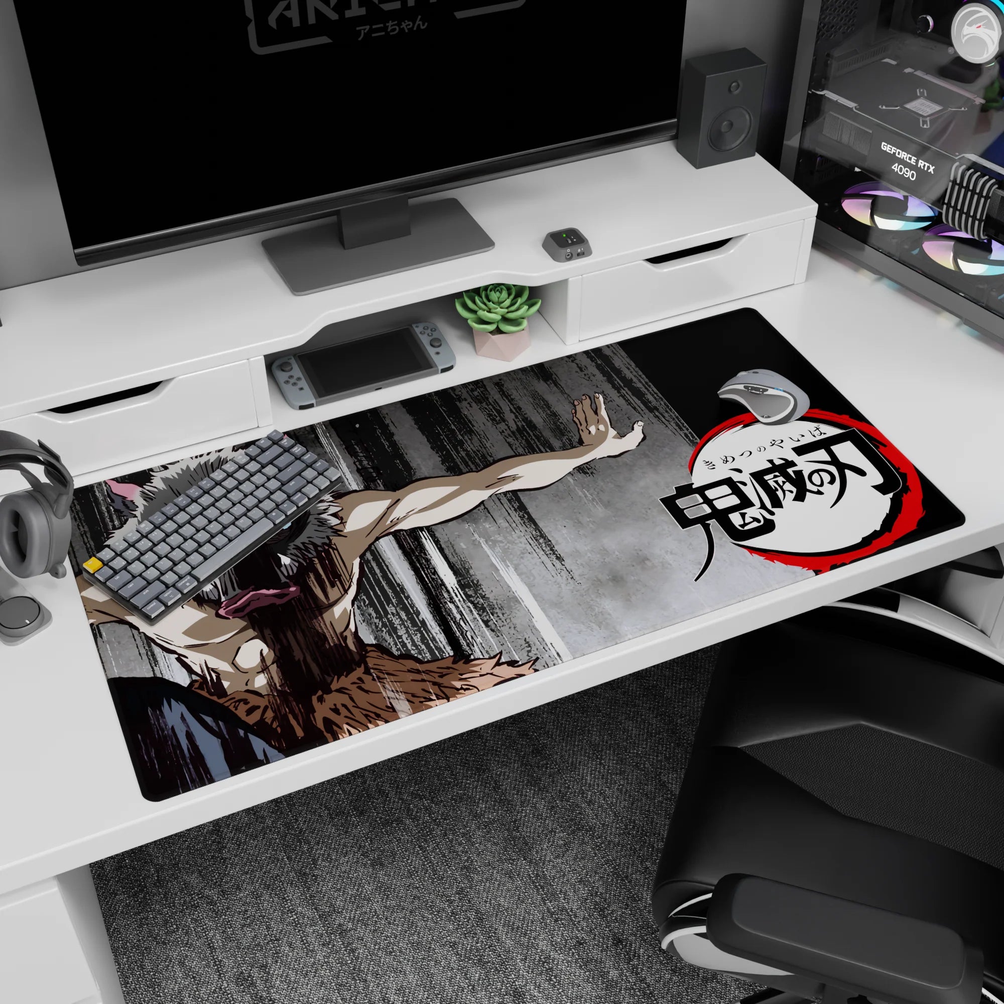 Anime mouse pad 40x20 inches featuring Inosuke from Demon Slayer with boar mask against a gritty charcoal background.