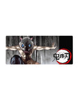 Anime mouse pad 28x12 inches featuring Inosuke from Demon Slayer, showcasing his iconic boar mask and primal stance.
