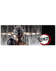 Anime mouse pad 32x12 inches featuring Inosuke from Demon Slayer with boar mask, primal stance on charcoal background.