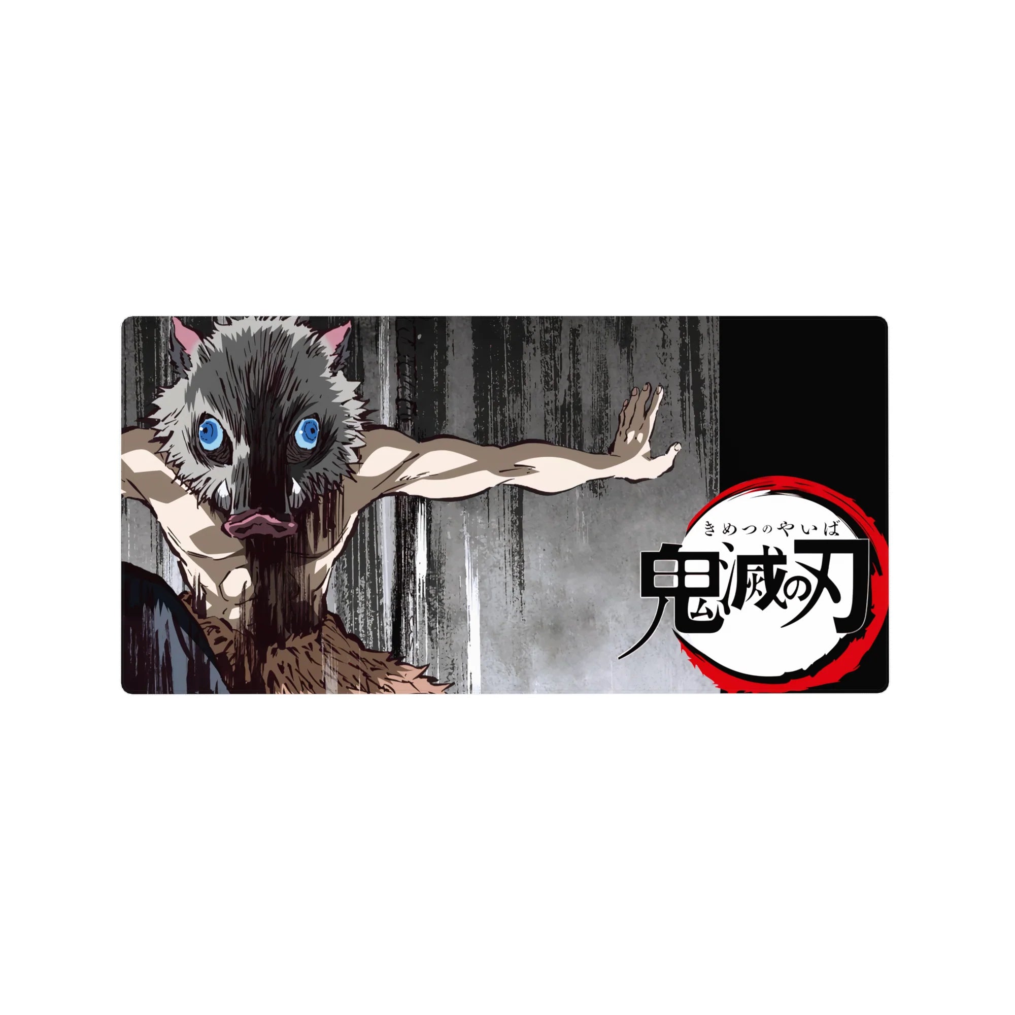 Inosuke from Demon Slayer on 32x16 inch anime mouse pad, wearing boar mask in primal stance on charcoal background.