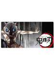 Inosuke from Demon Slayer on 32x16 inch anime mouse pad, wearing boar mask in primal stance on charcoal background.