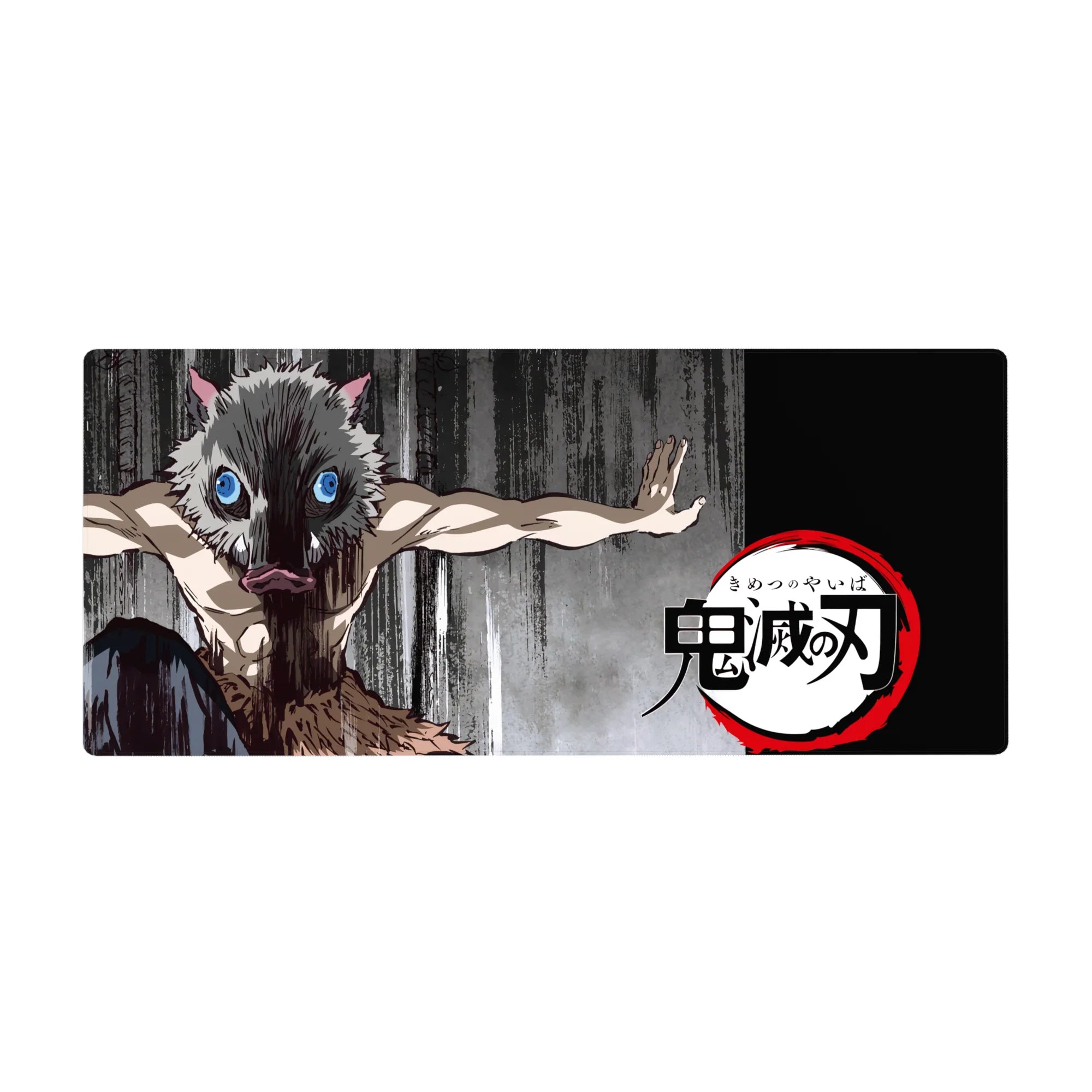 Anime desk pad 36x16 inches featuring Inosuke from Demon Slayer in iconic boar mask on a gritty charcoal background.
