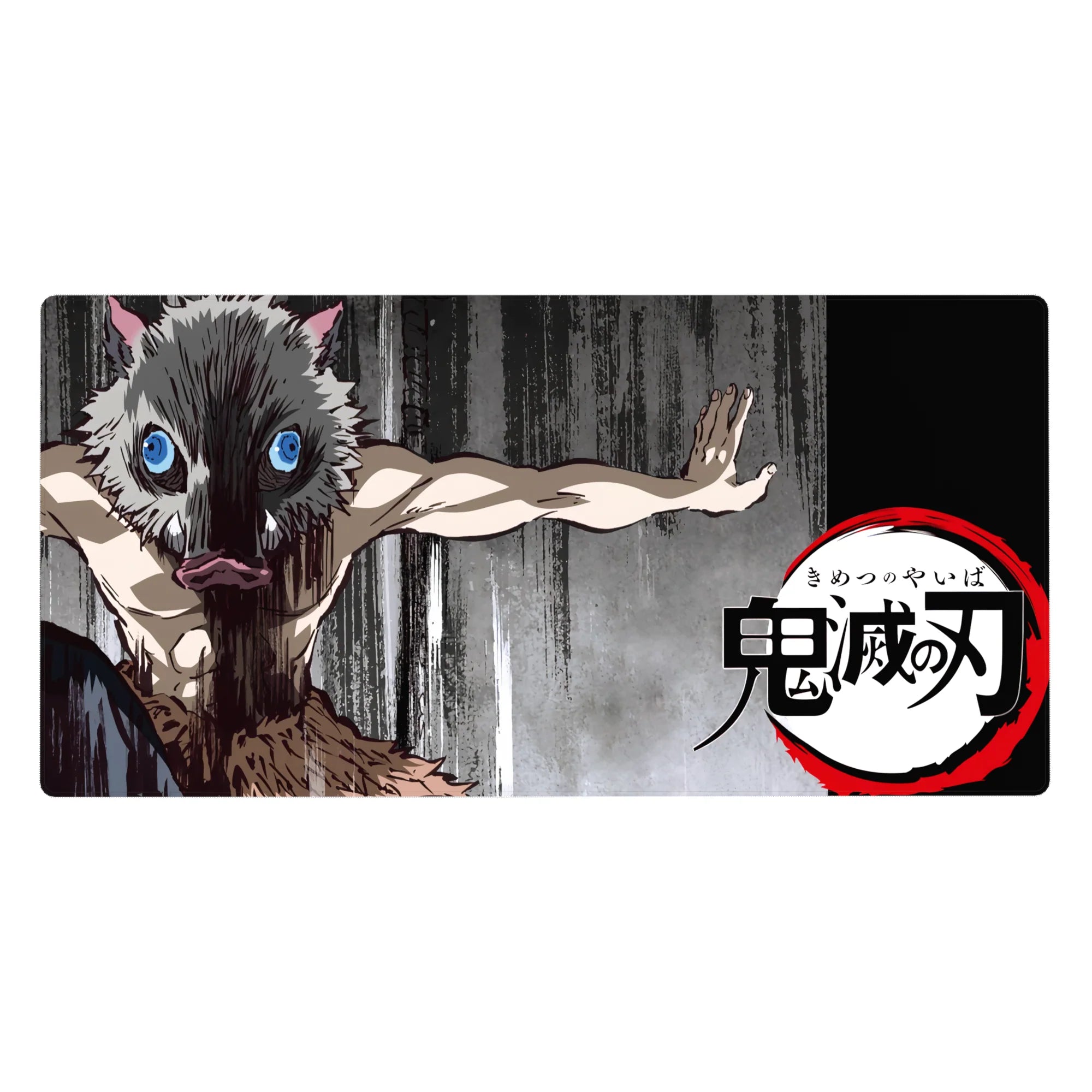 Anime desk pad 40x20 inches featuring Inosuke from Demon Slayer with boar mask, primal stance on charcoal background.