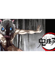 Anime desk pad 40x20 inches featuring Inosuke from Demon Slayer with boar mask, primal stance on charcoal background.