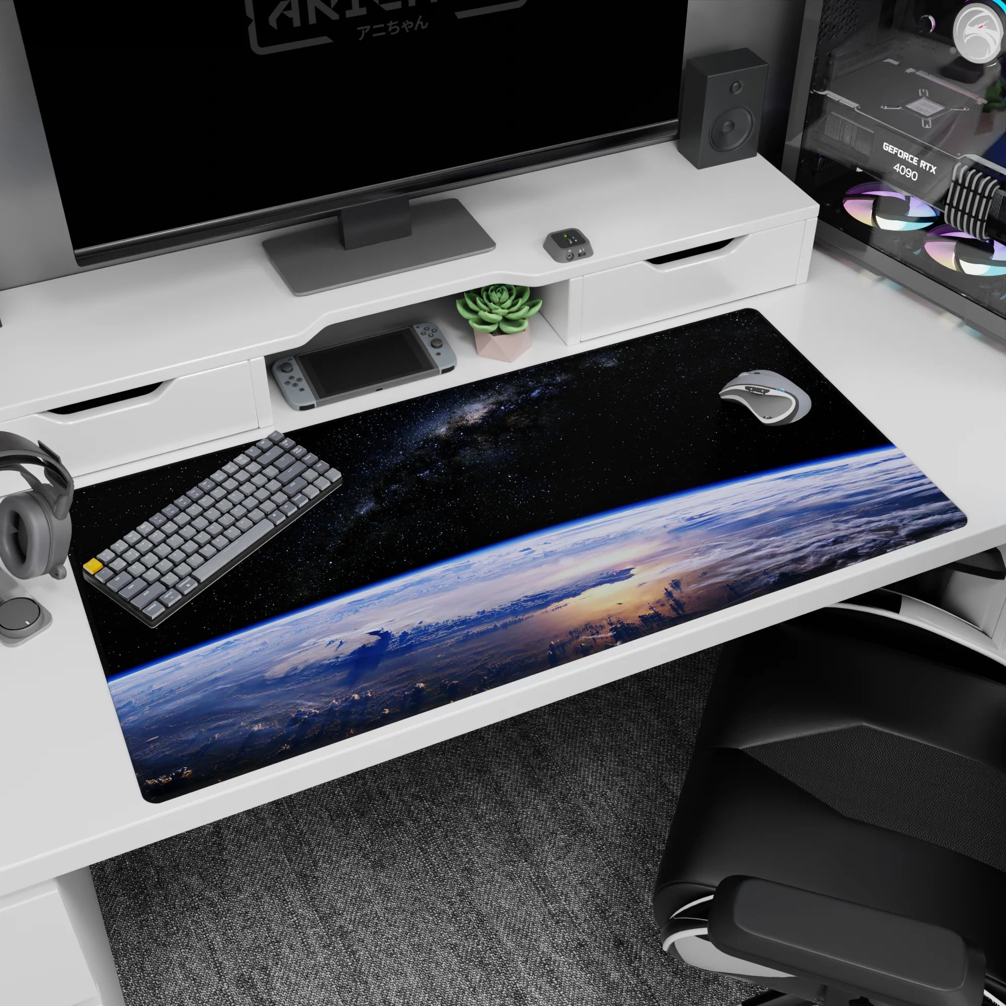 Earth-from-space scene desk pad 40x20 inches featuring a blue glowing curve and tiny scattered stars.