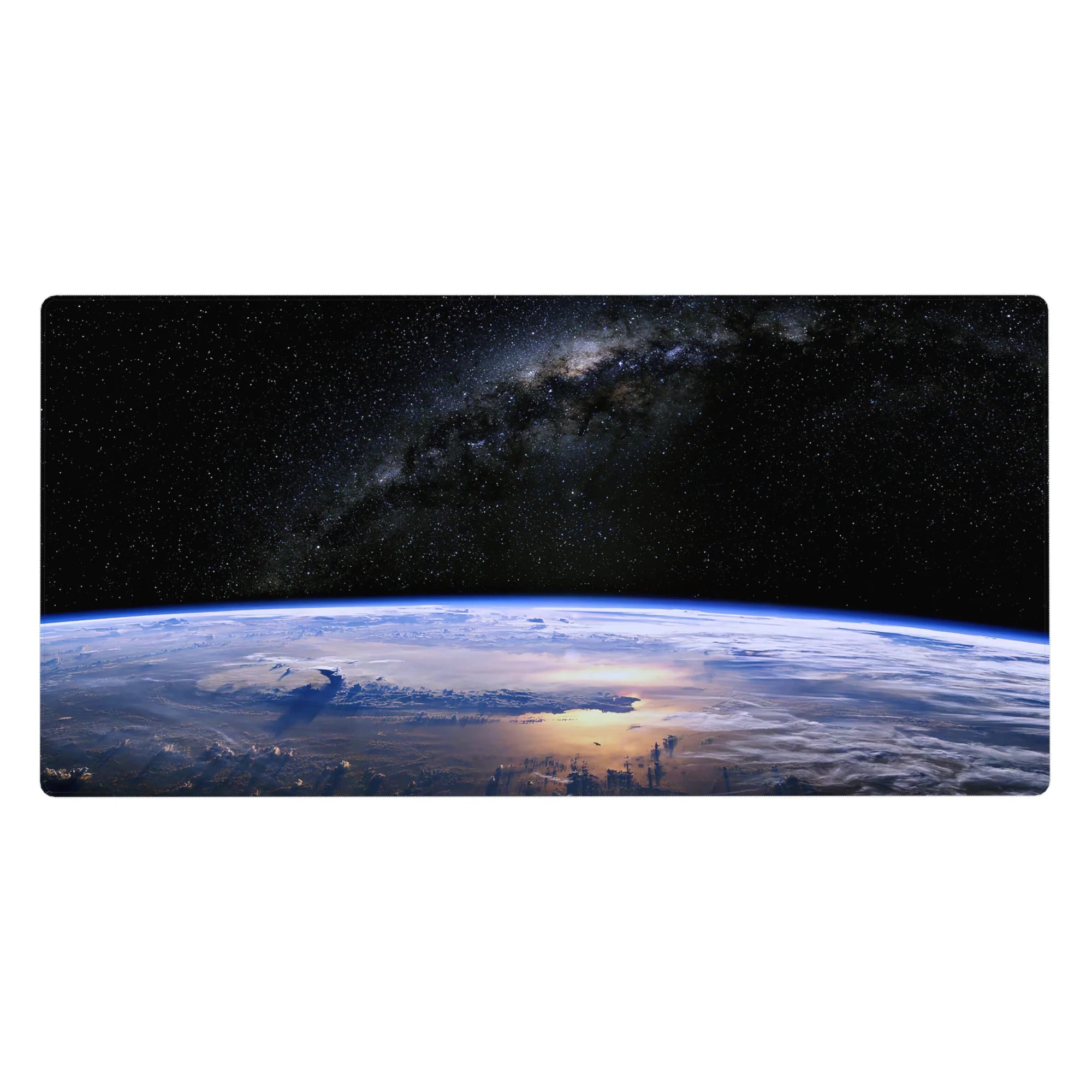 Galaxy starfield desk pad 40x20 inches with Earth horizon curve and misty cloud swirls.