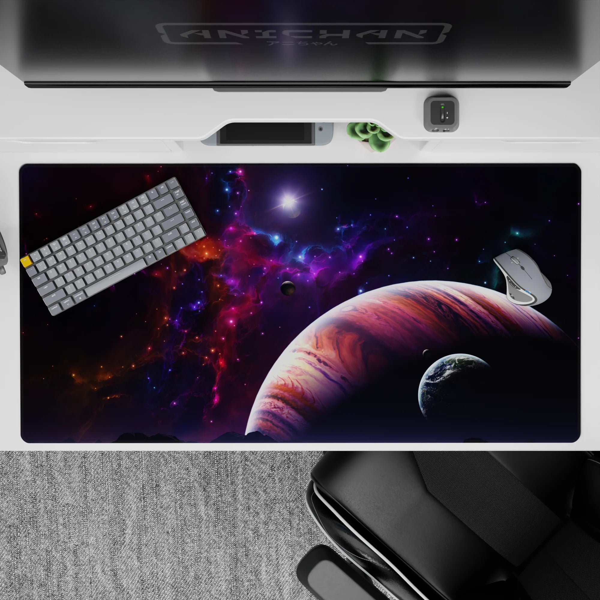 Moody purple-and-black 40x20 inches desk pad with starry flickers and dreamy cosmic night vibes.