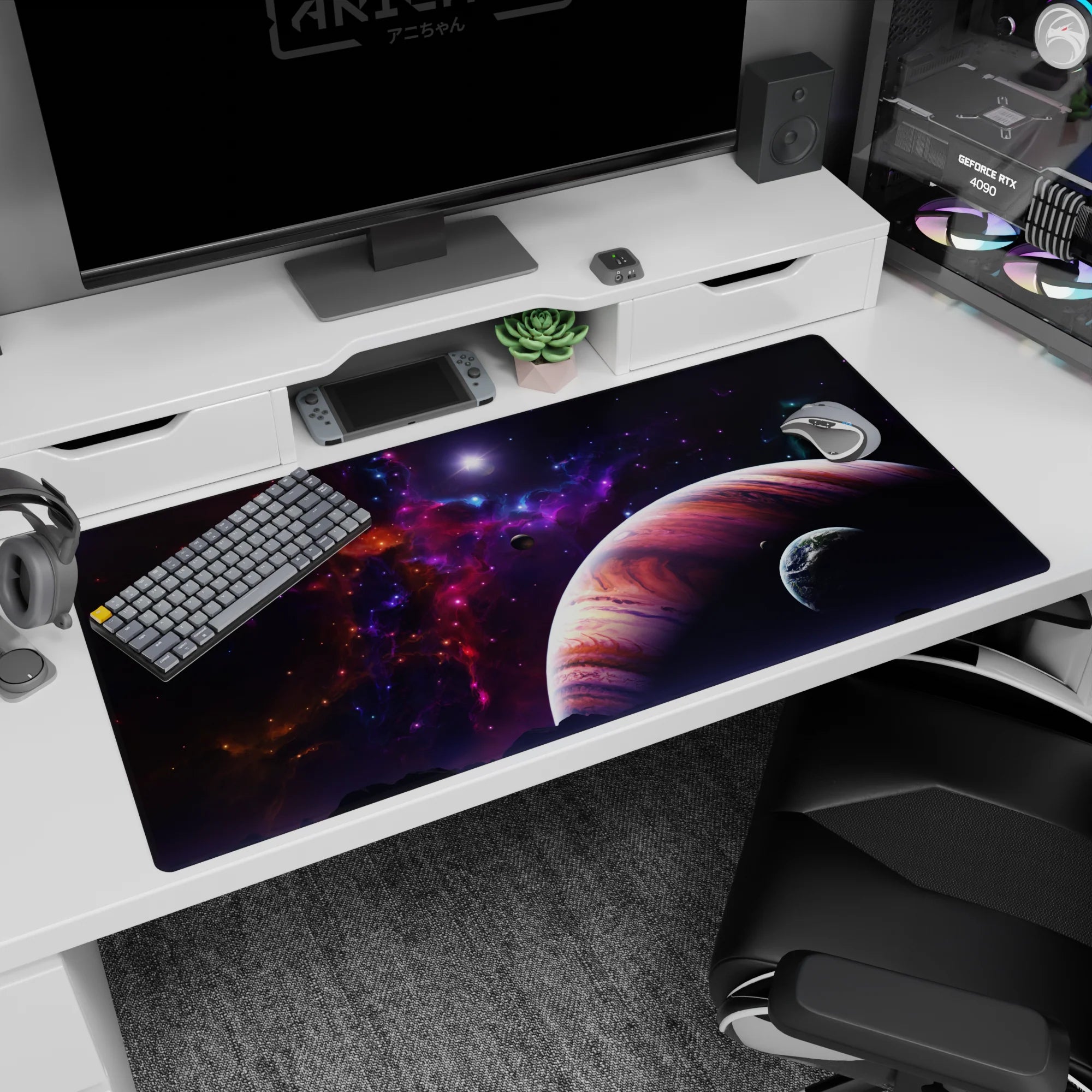 Cozy striped planet in a violet nebula sky on a 40x20 inches desk pad, with a small floating moon.