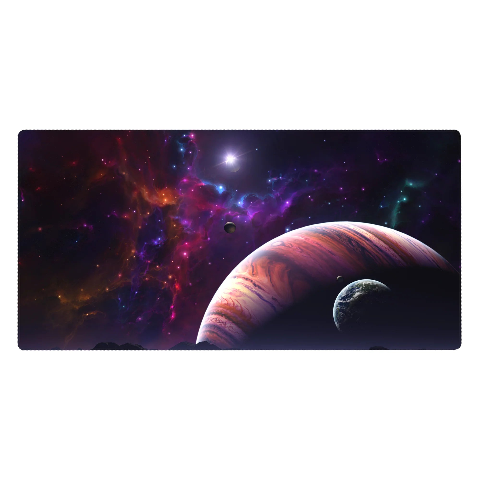 Deep space desk pad 40x20 inches with violet nebula clouds, warm striped planet, and tiny moon.