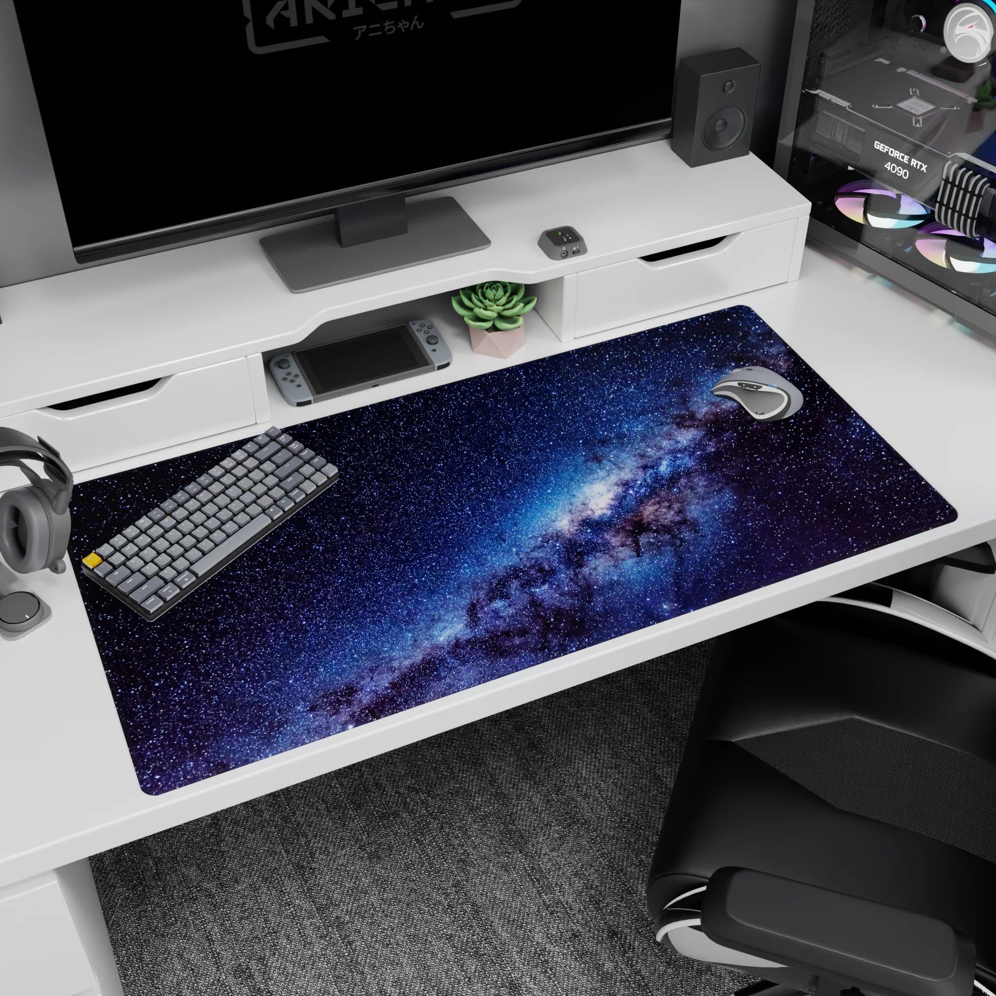 Starry night desk pad 40x20 inches featuring a bright galaxy ribbon across a deep midnight sky.