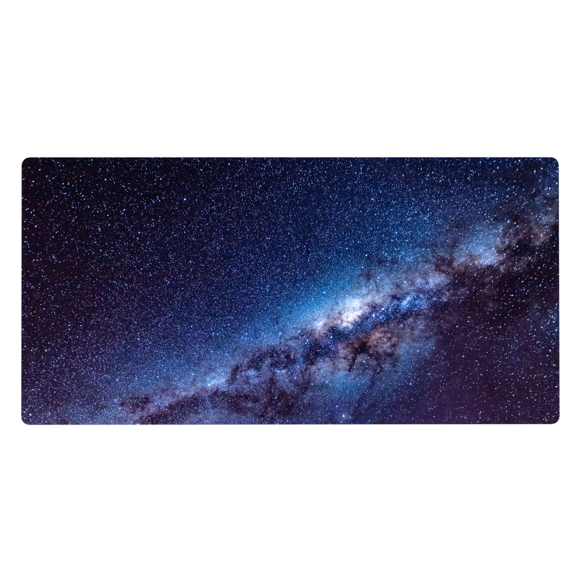 Midnight galaxy desk pad 40x20 inches with star-speckled sky and indigo blue nebula haze.