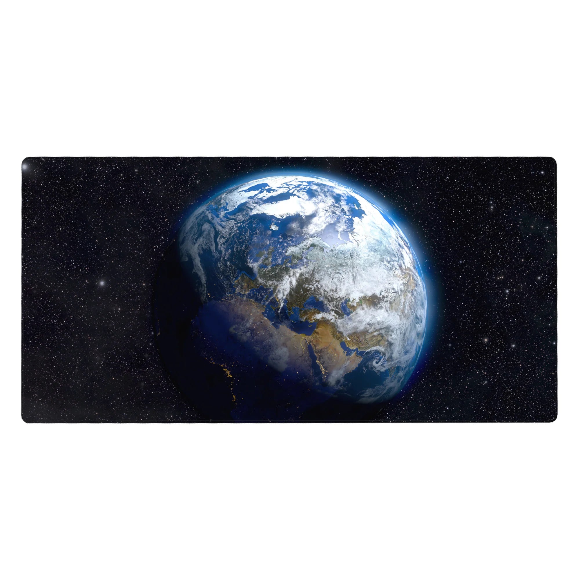 Cosmic Earth orbit starfield desk pad, 40x20 inches, for smooth mouse and keyboard coverage.