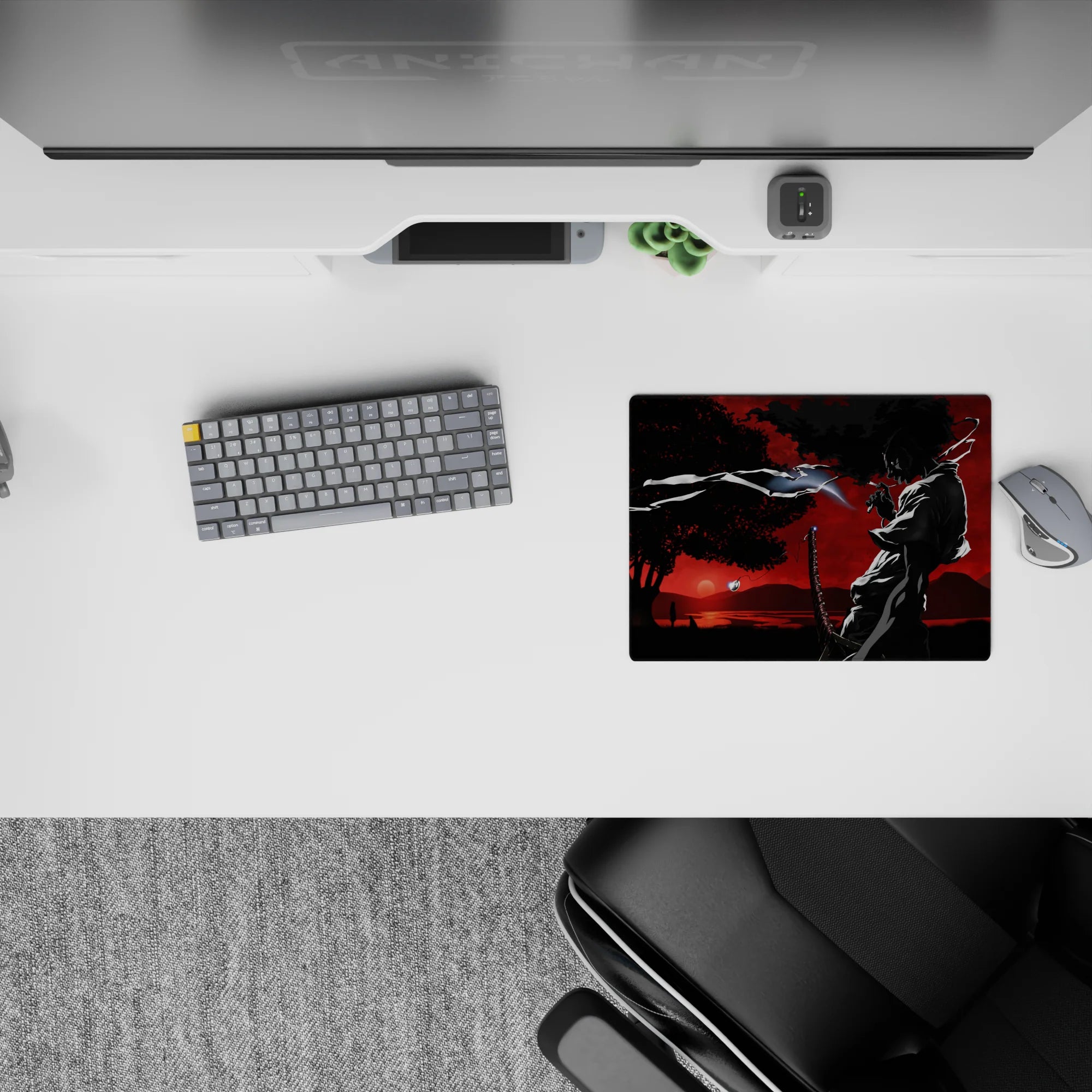 Noir red-sky anime mouse pad 14x10 inches in deep blacks and smoky gradients, dramatic and moody.
