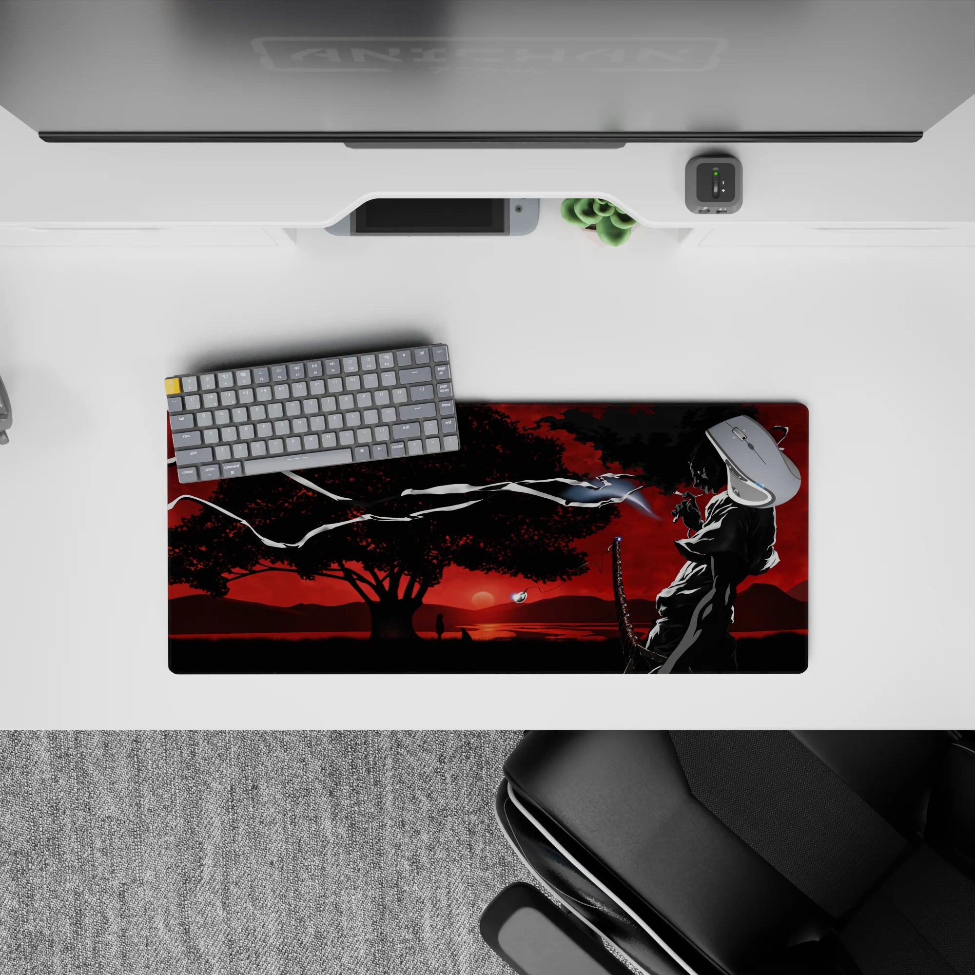 28x12 inches anime mouse pad in noir style with deep blacks, smoky gradients, and a blood-red sky.