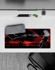 28x12 inches anime mouse pad in noir style with deep blacks, smoky gradients, and a blood-red sky.