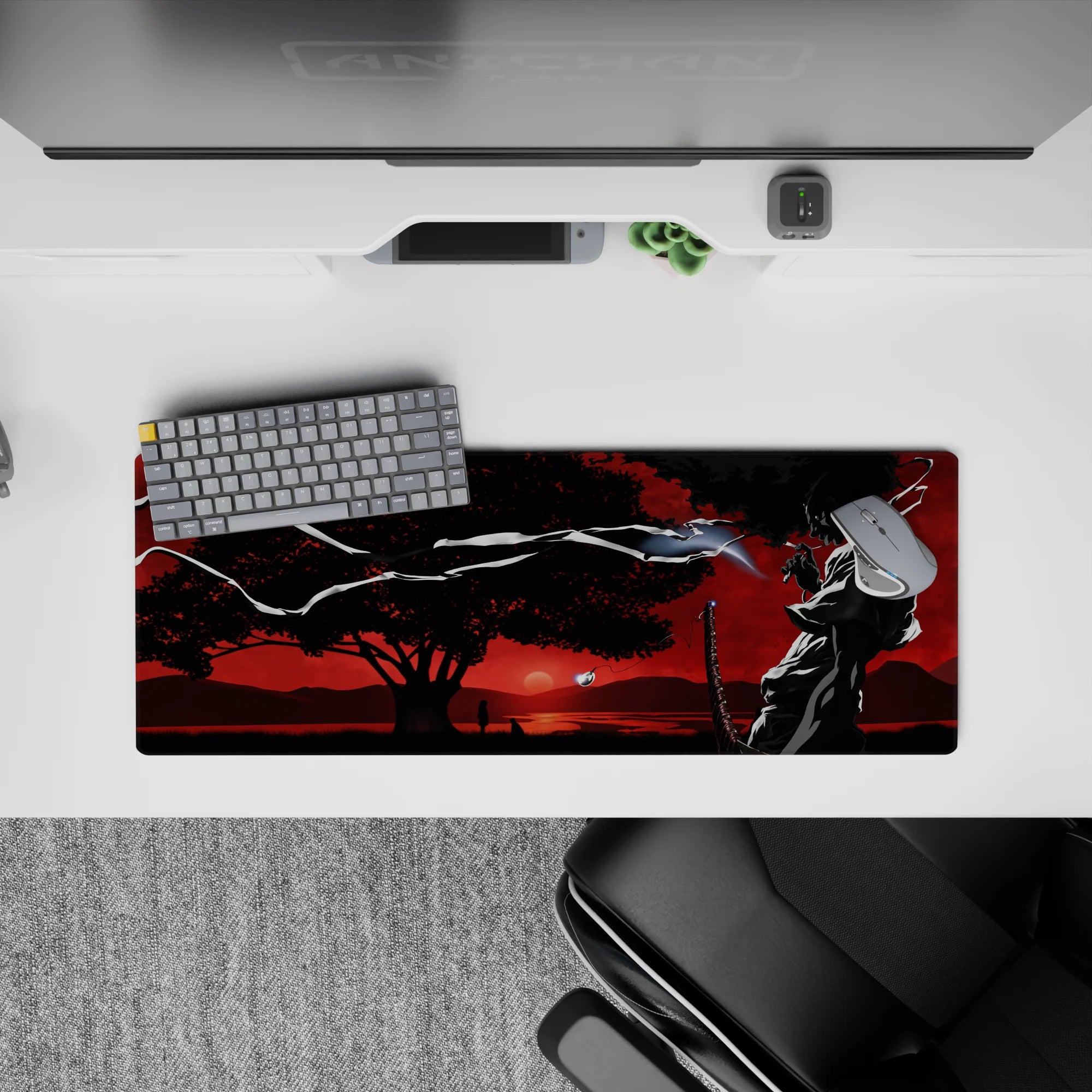 32x12 inches anime mouse pad in noir blacks and smoky gradients against a blood-red sky, moody and bold.