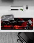 32x12 inches anime mouse pad in noir blacks and smoky gradients against a blood-red sky, moody and bold.