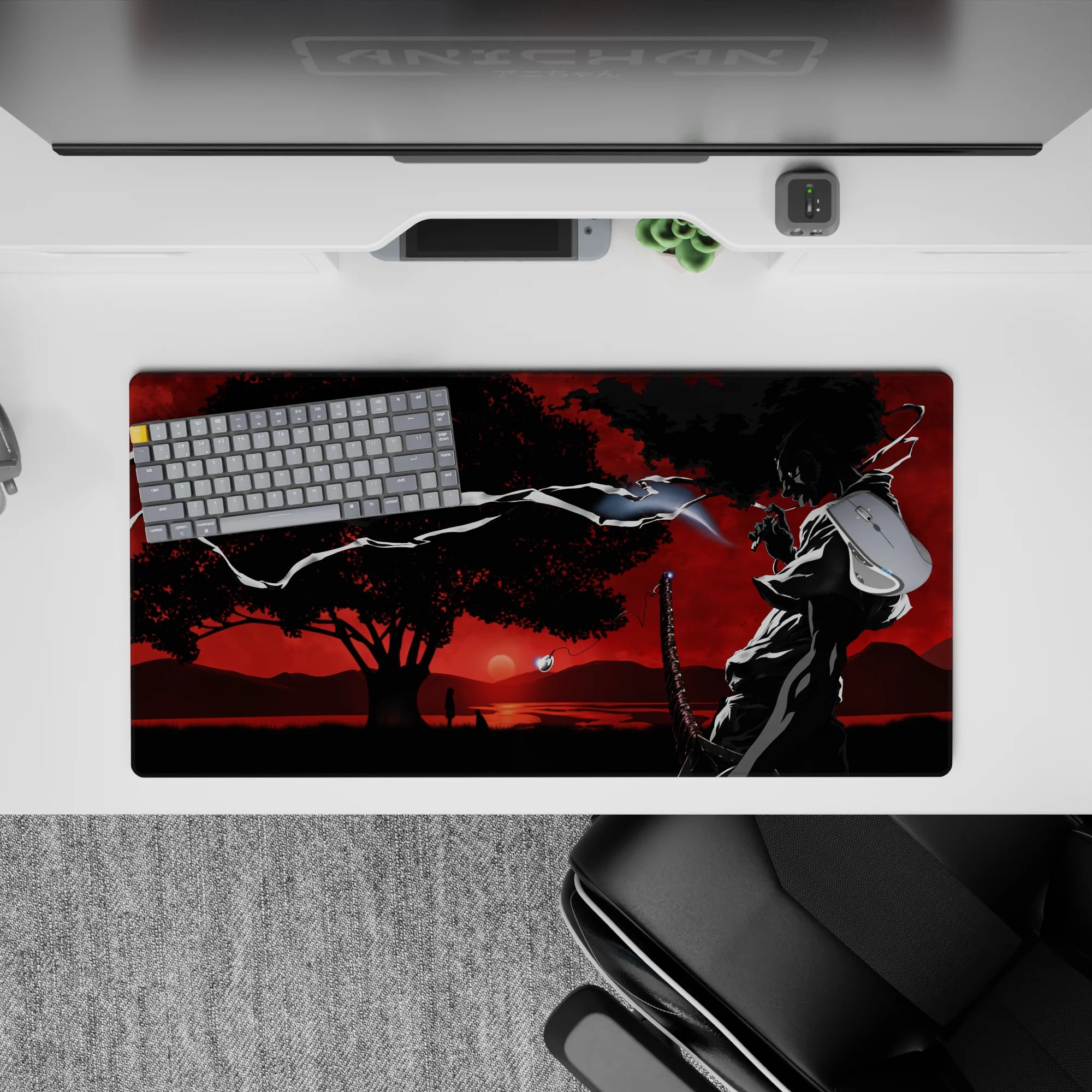 32x16 inches anime mouse pad in noir ink blacks and smoky gradients against a blood-red sky, dramatic mood.