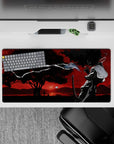 32x16 inches anime mouse pad in noir ink blacks and smoky gradients against a blood-red sky, dramatic mood.